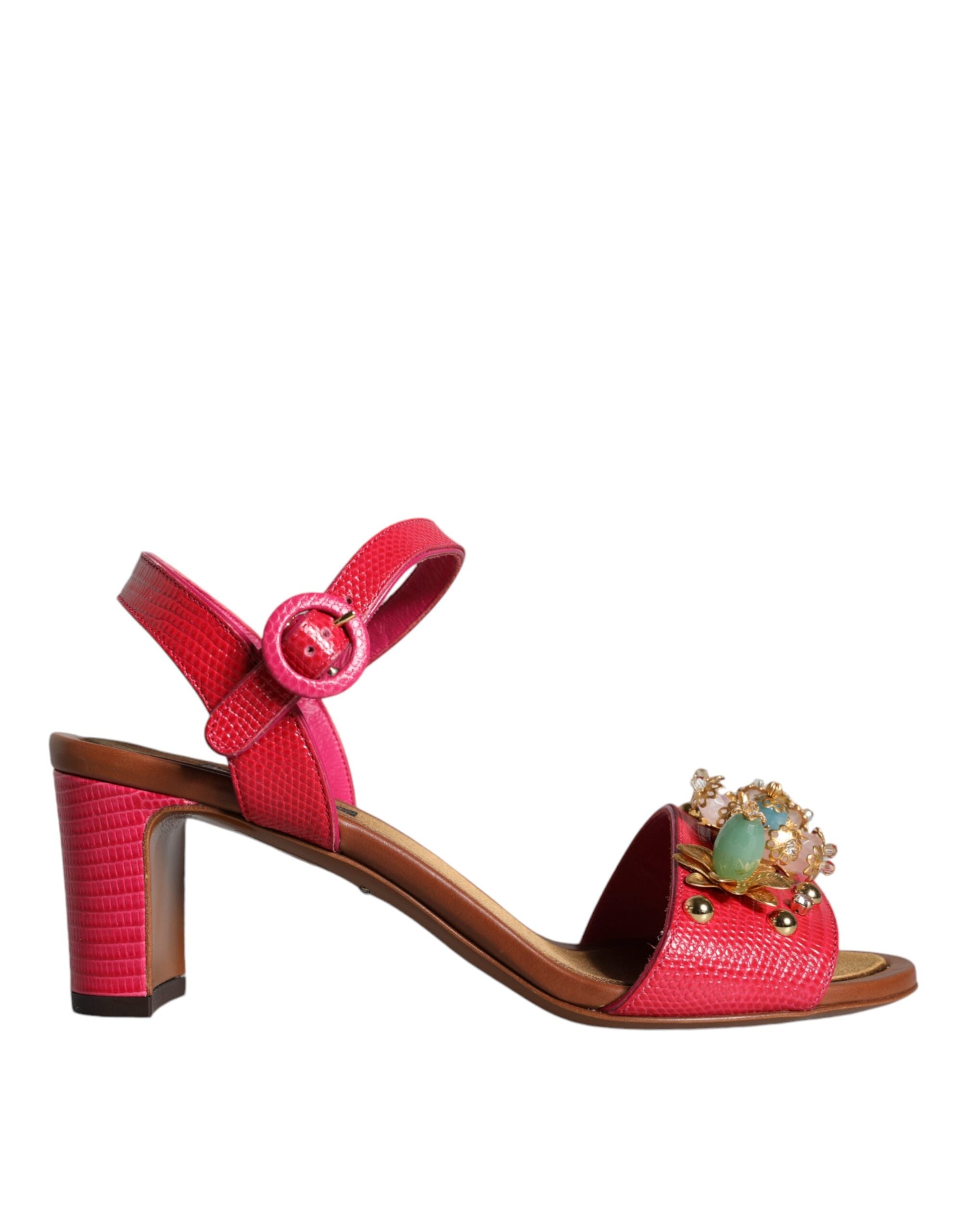 New Dolce & Gabbana Fuchsia Leather Embellished Keira Sandals Shoes