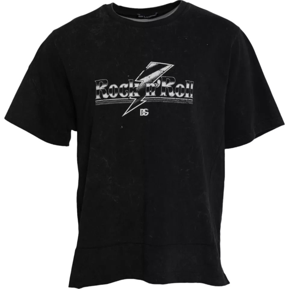 New Dolce & Gabbana Black Graphic Print Cotton Crew Neck T-shirt
