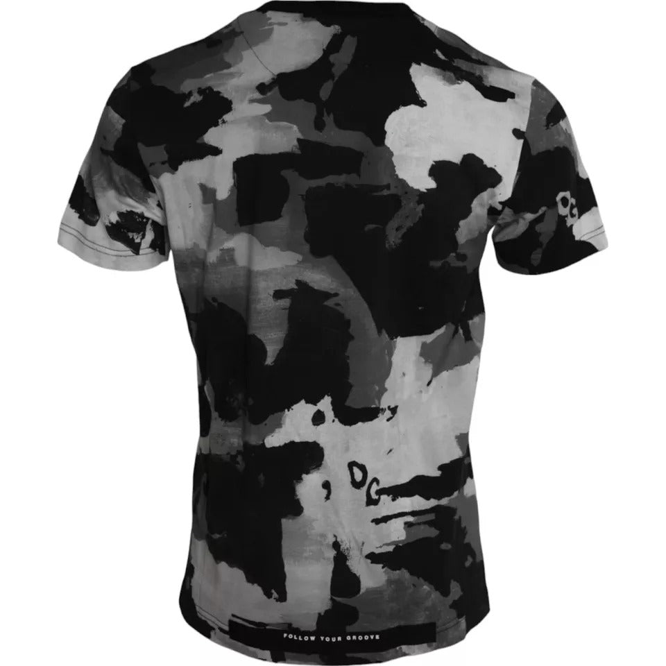 New Dolce & Gabbana Black White Camouflage Round Neck T-shirt