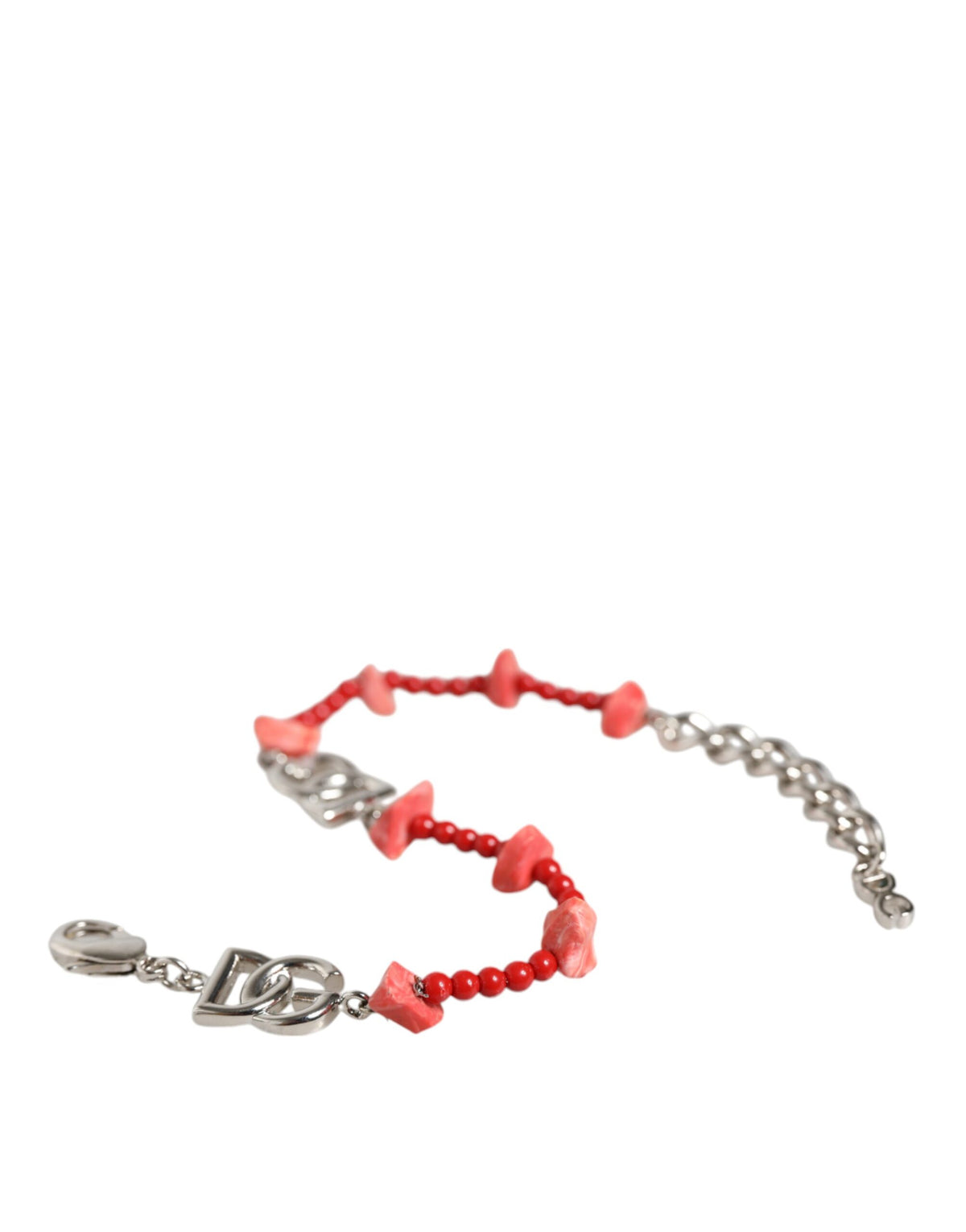 New Dolce & Gabbana Silver Tone Beaded Resin DG Logo Chain Bracelet