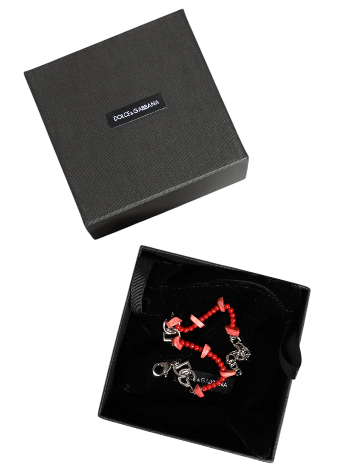 New Dolce & Gabbana Silver Tone Beaded Resin DG Logo Chain Bracelet