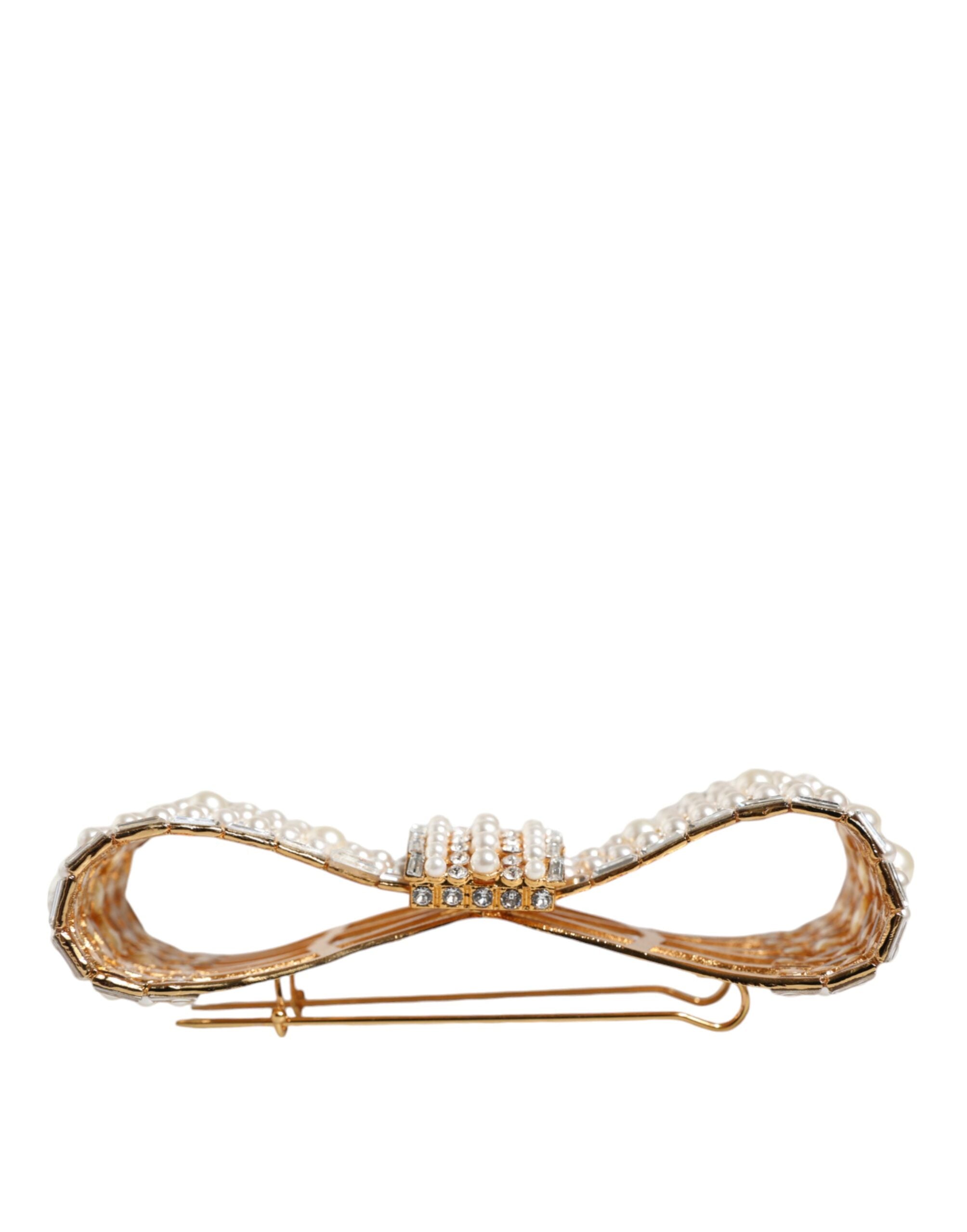 New Dolce & Gabbana Gold Tone Bow Crystal FauxPearl Embellished Brooch