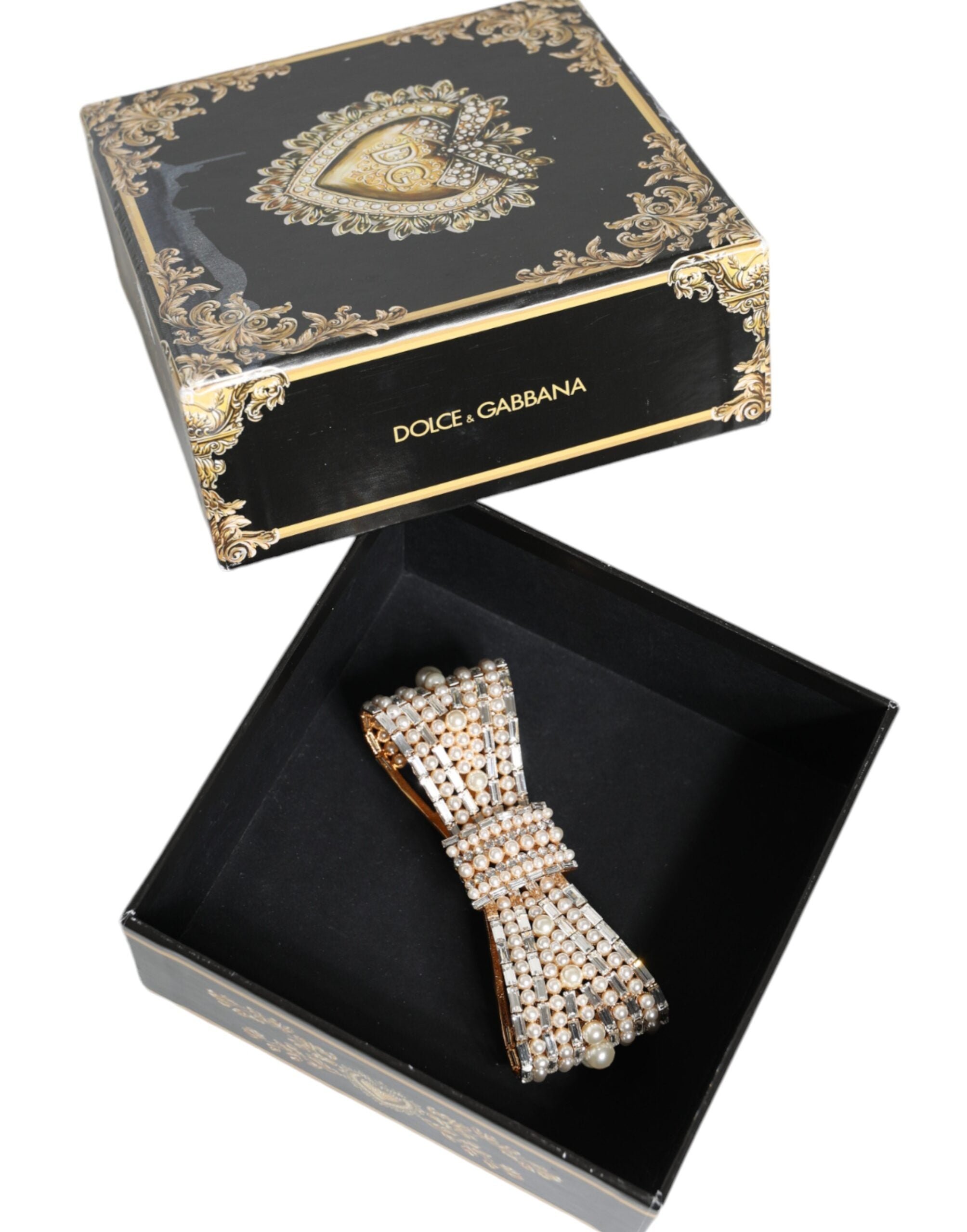 New Dolce & Gabbana Gold Tone Bow Crystal FauxPearl Embellished Brooch