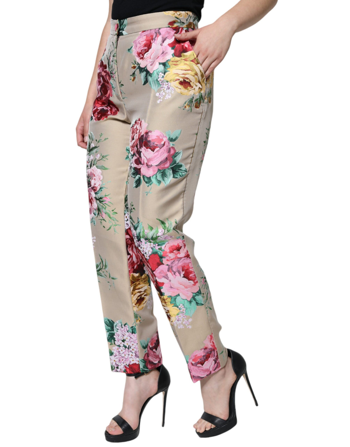 New Dolce & Gabbana Beige Floral Jacquard High Waist Tapered Pants