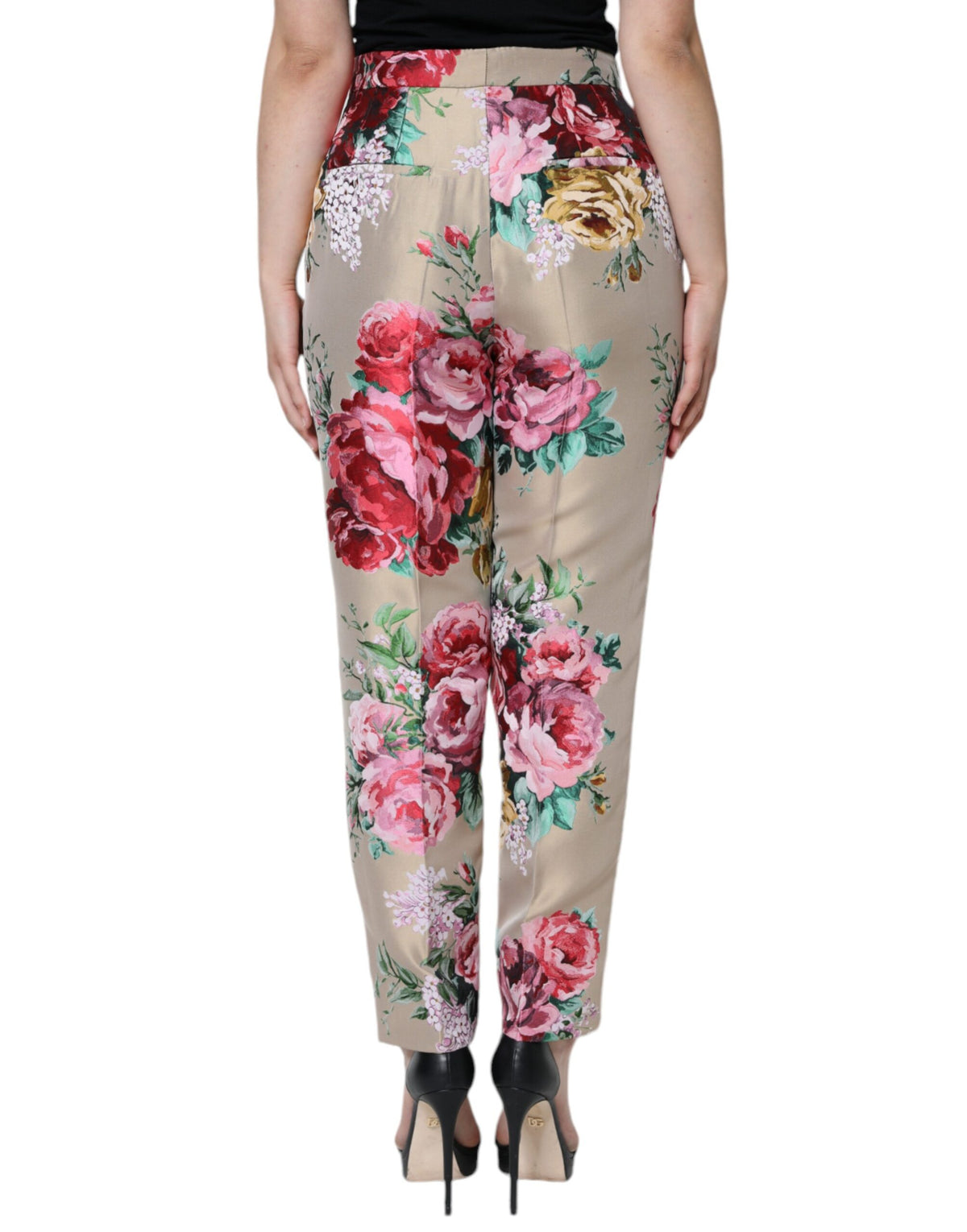 New Dolce & Gabbana Beige Floral Jacquard High Waist Tapered Pants