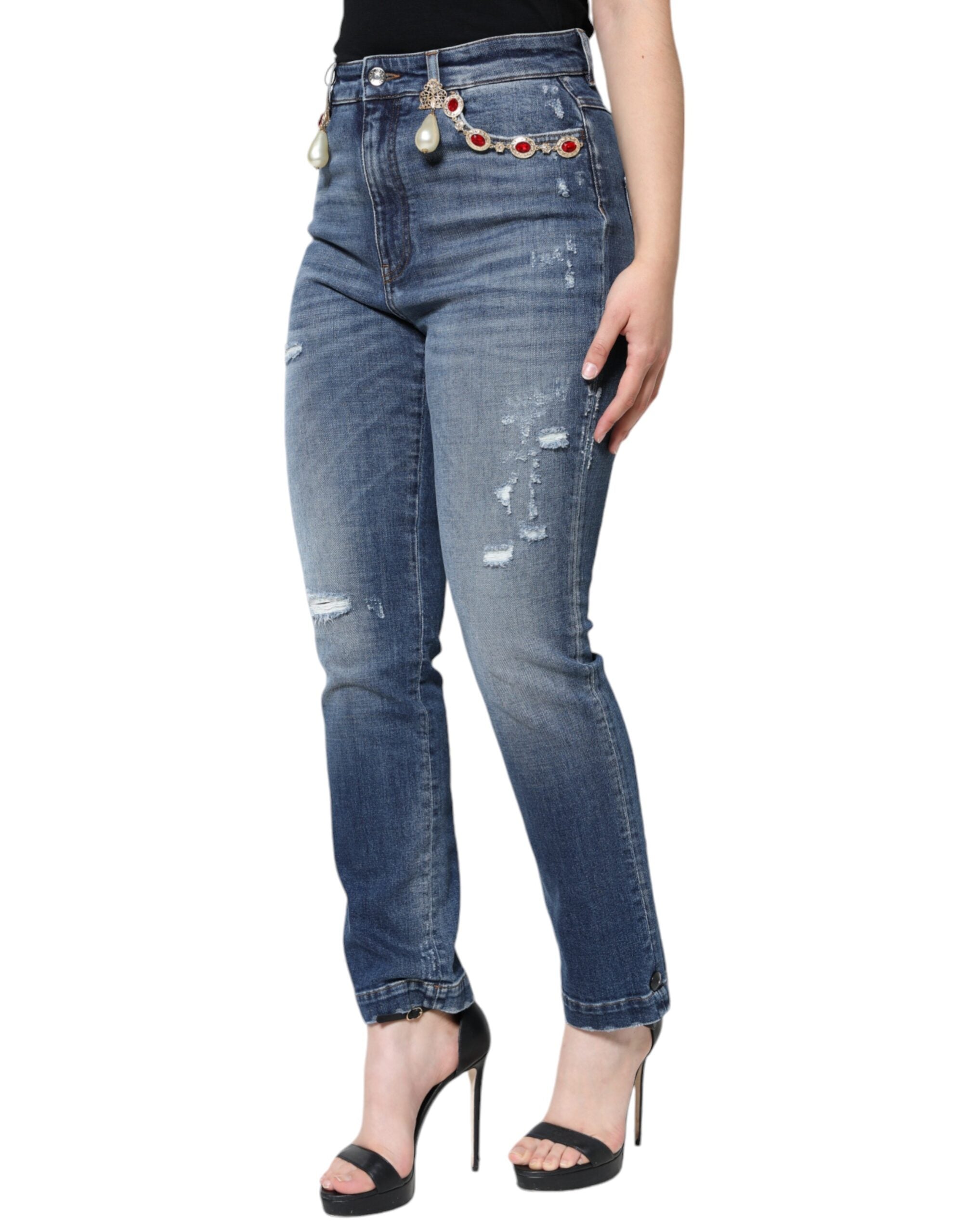 New Dolce & Gabbana Dark Blue Cotton Tattered Skinny Denim Jeans