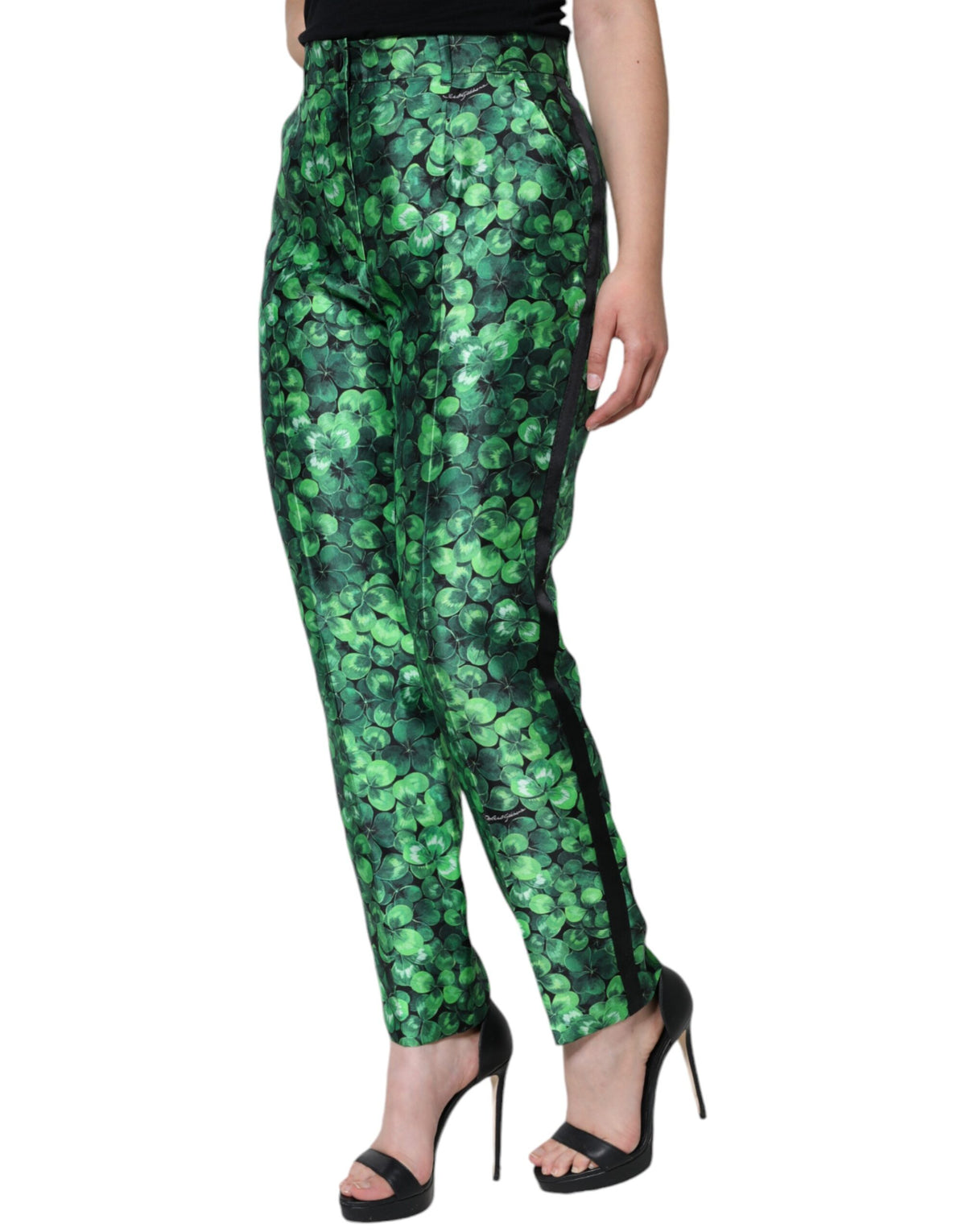 New Dolce & Gabbana Green Clover Silk Satin High Waist Tapered Pants