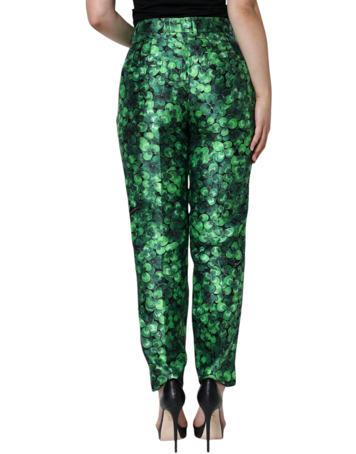 New Dolce & Gabbana Green Clover Silk Satin High Waist Tapered Pants