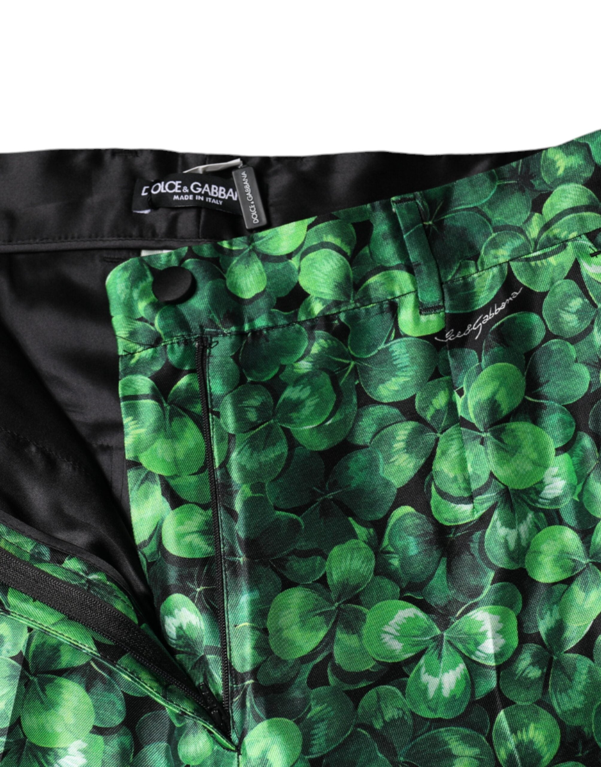 New Dolce & Gabbana Green Clover Silk Satin High Waist Tapered Pants