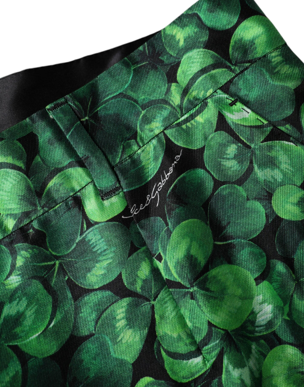 New Dolce & Gabbana Green Clover Silk Satin High Waist Tapered Pants