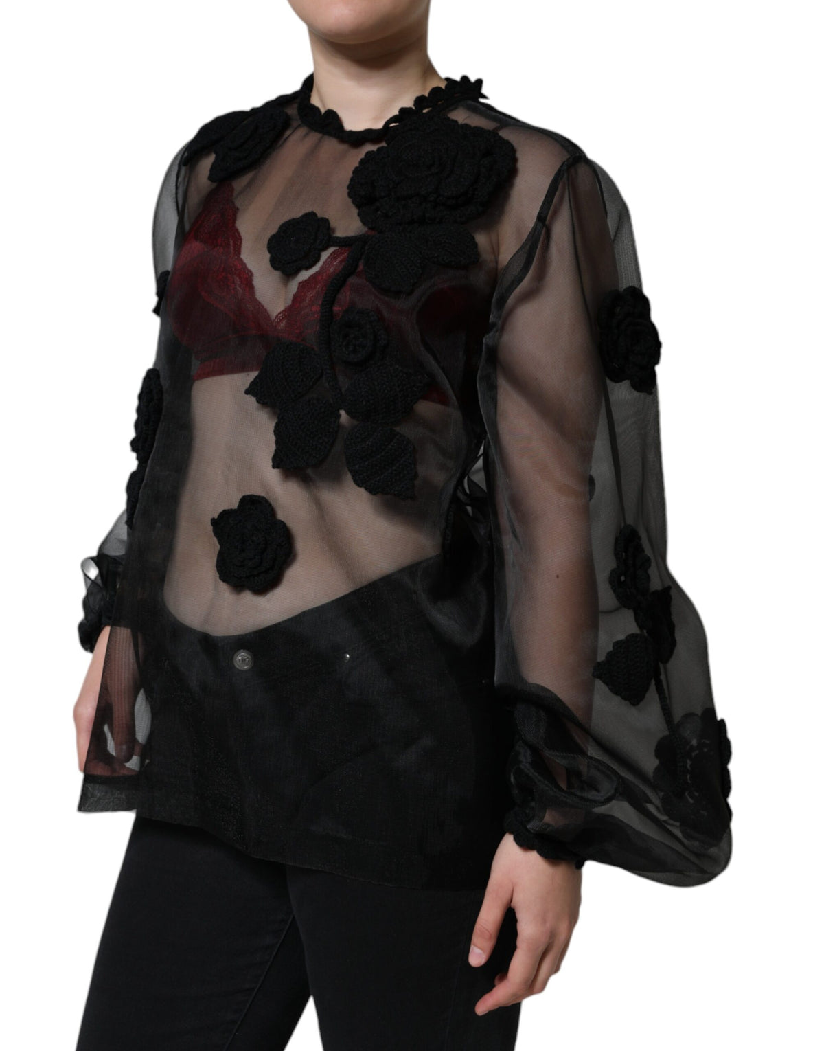 New Dolce & Gabbana Black Nylon Mesh Transparent Floral Blouse