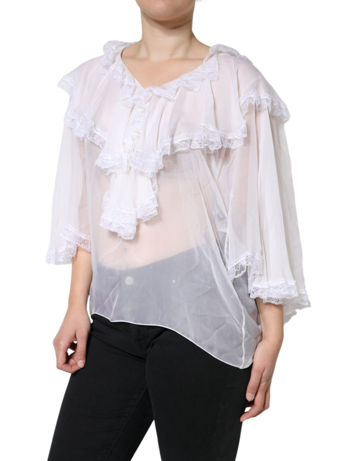 New Dolce & Gabbana White Ruffles Lace Long Sleeve Blouse Top