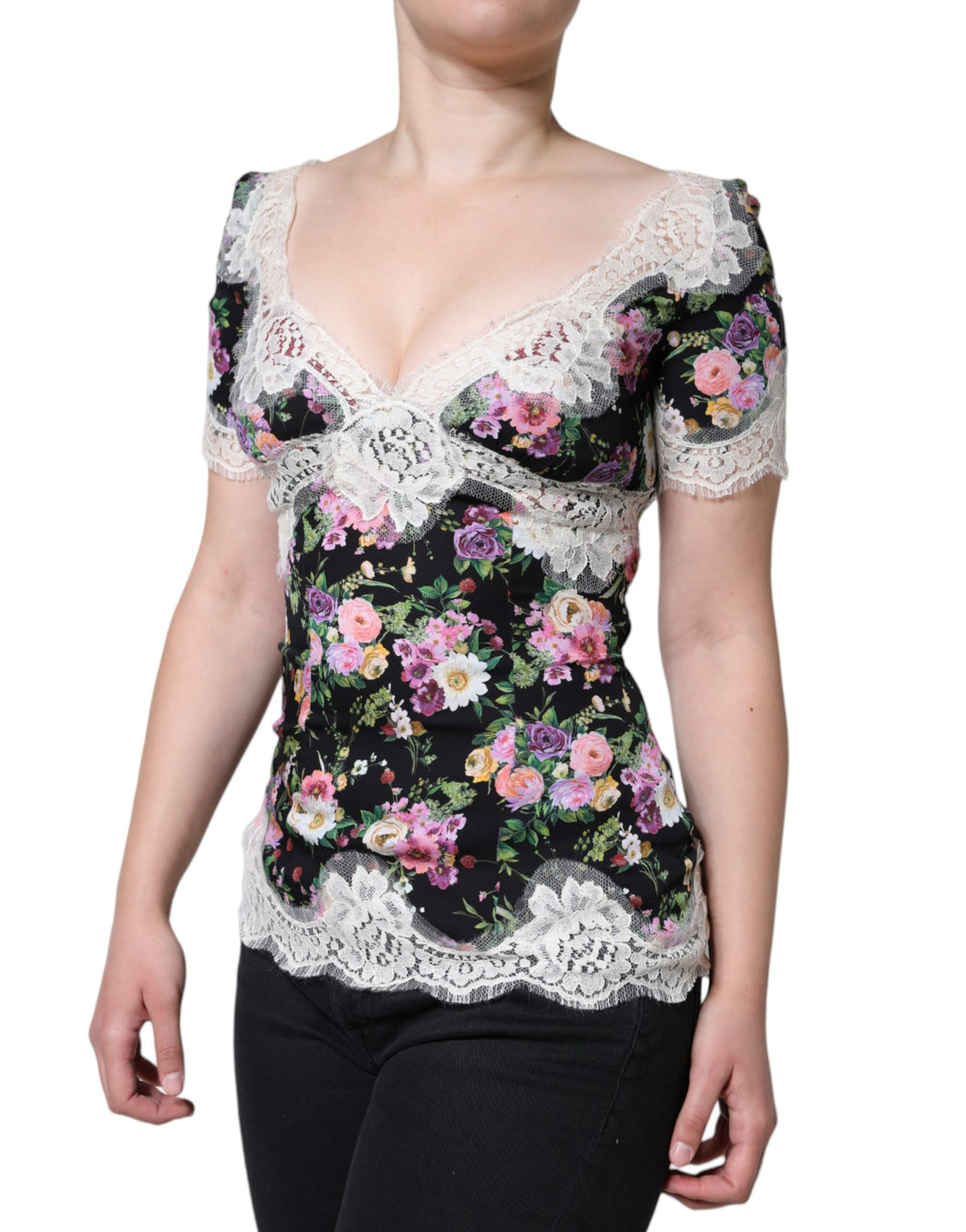 New Dolce & Gabbana Black Floral Lace Short Sleeves Blouse Top