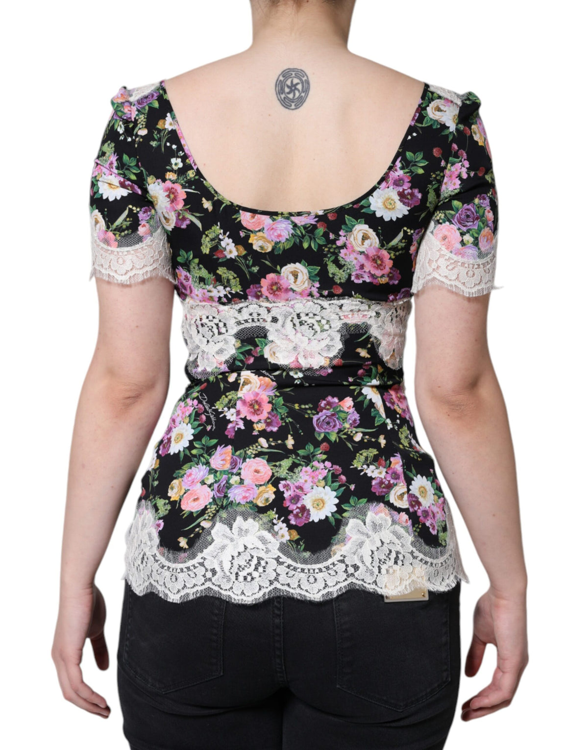 New Dolce & Gabbana Black Floral Lace Short Sleeves Blouse Top