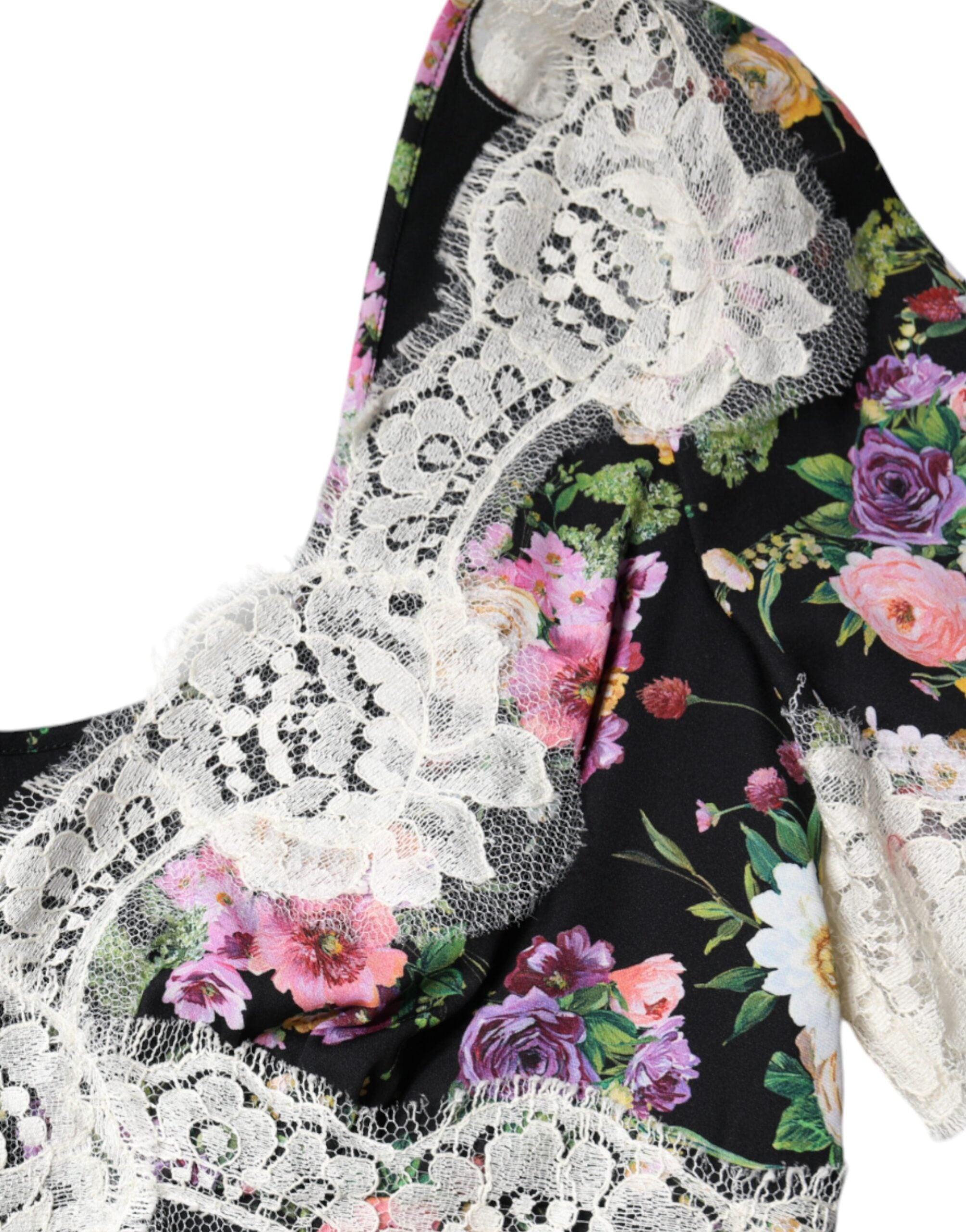 New Dolce & Gabbana Black Floral Lace Short Sleeves Blouse Top