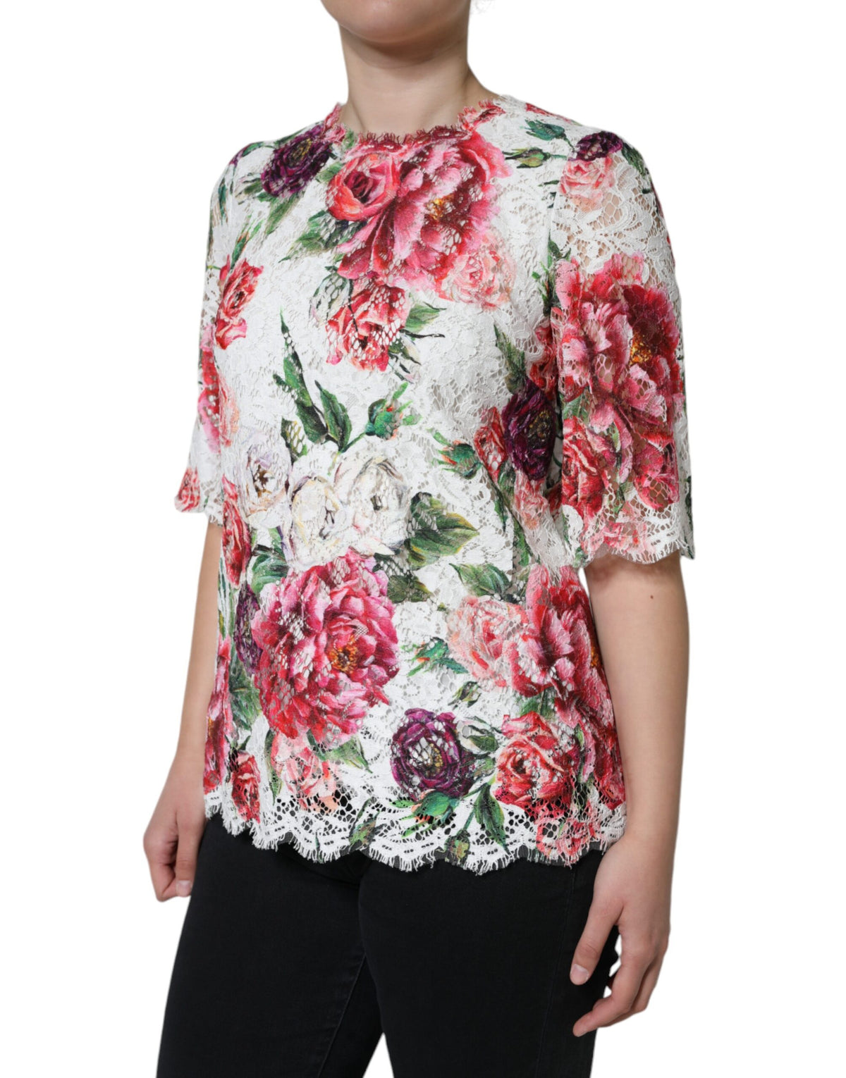 New Dolce & Gabbana White Peony Lace Short Sleeves Blouse Top