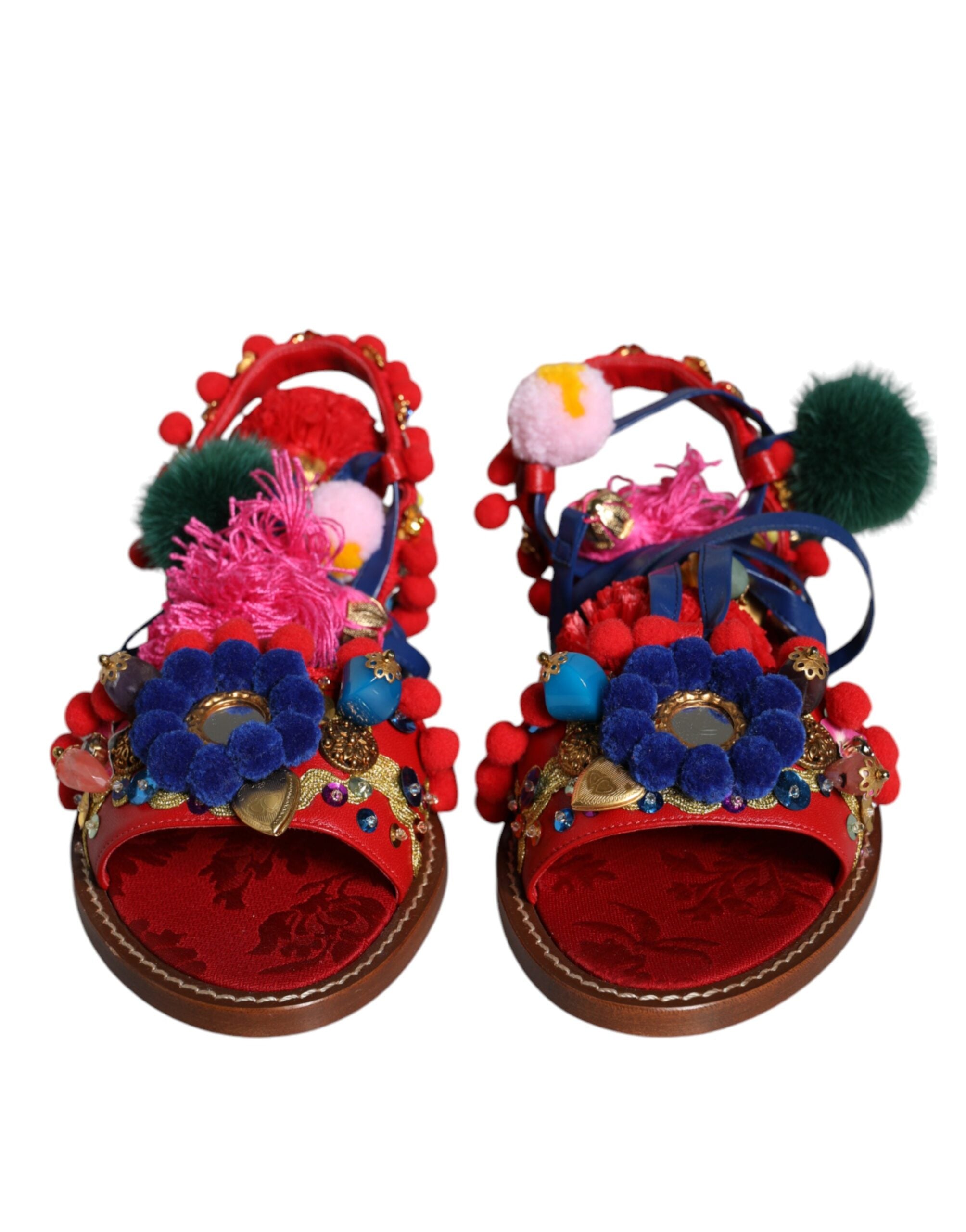 New Dolce & Gabbana Multicolor Pom Pom Fur Wrap Sandals Shoes