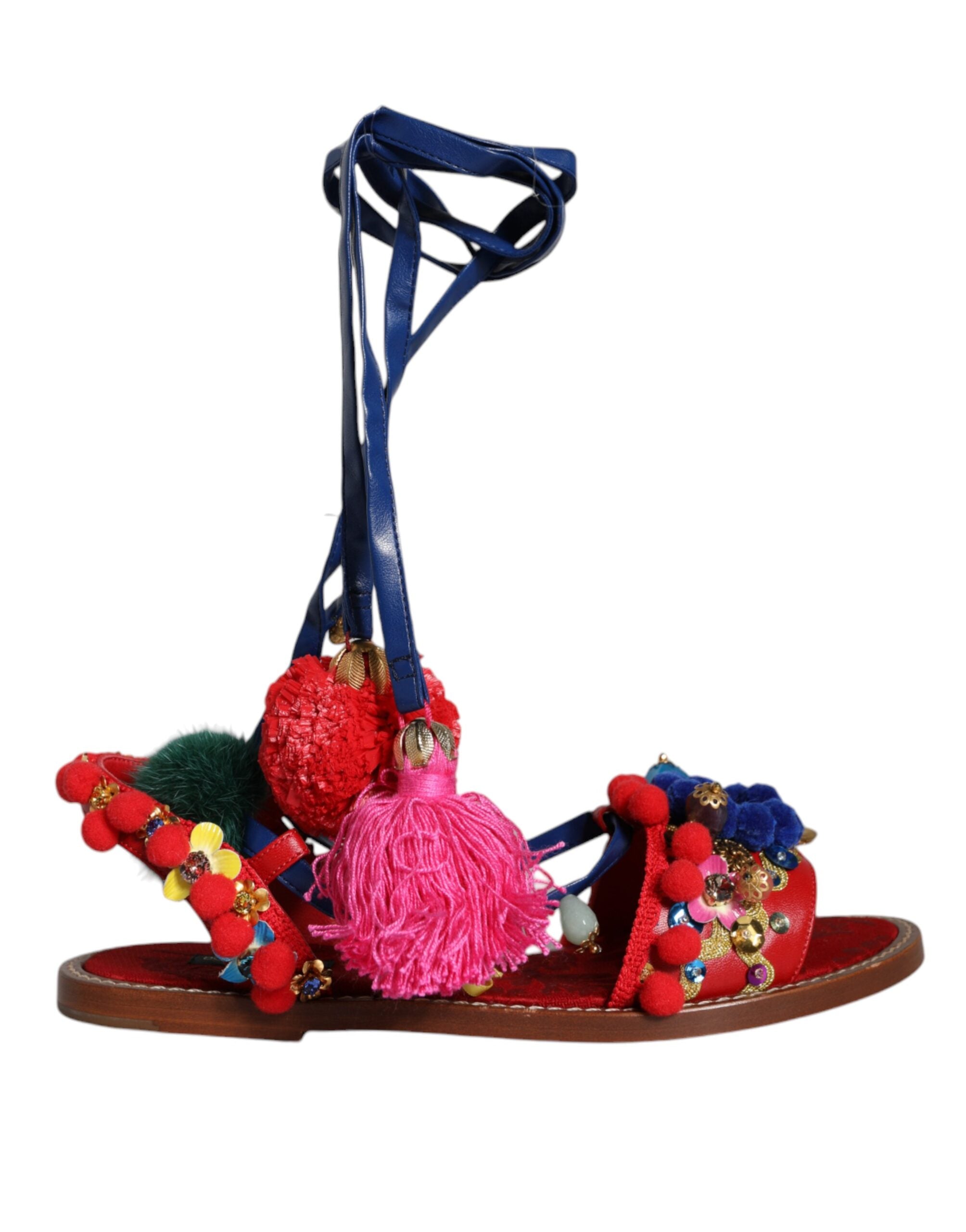 New Dolce & Gabbana Multicolor Pom Pom Fur Wrap Sandals Shoes