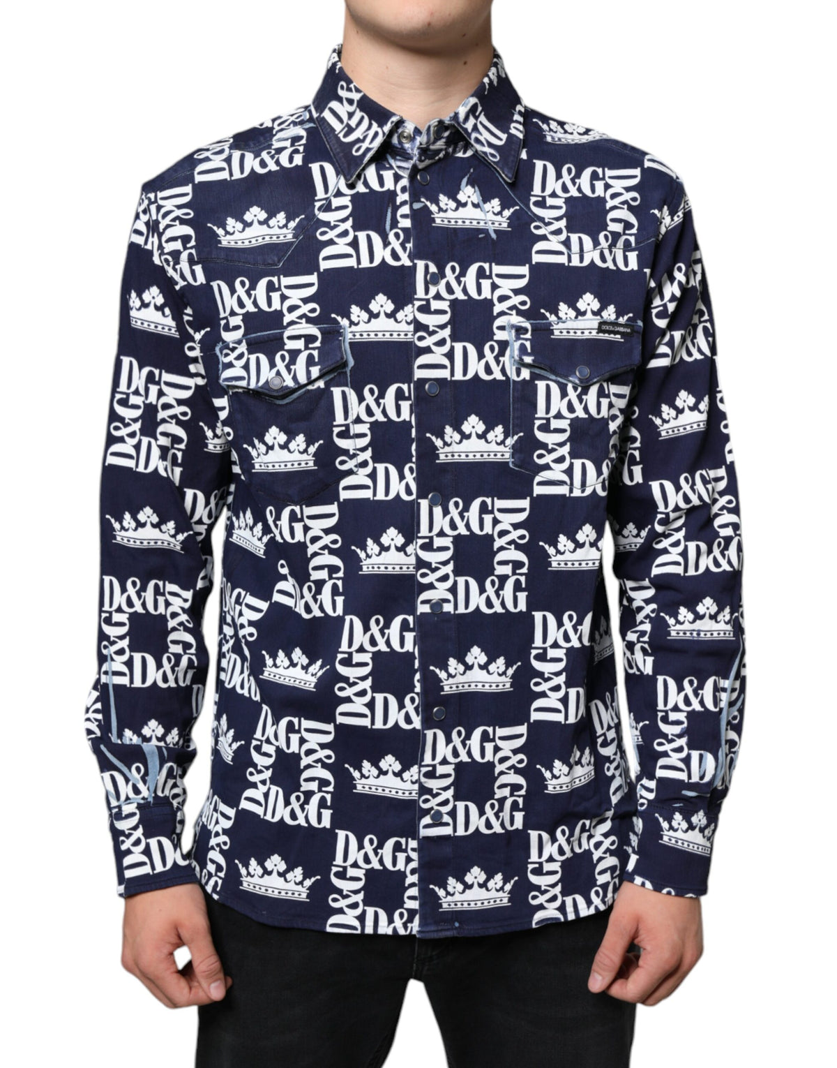 New Dolce & Gabbana Blue Crown Logo Print Slim Fit Cotton Shirt