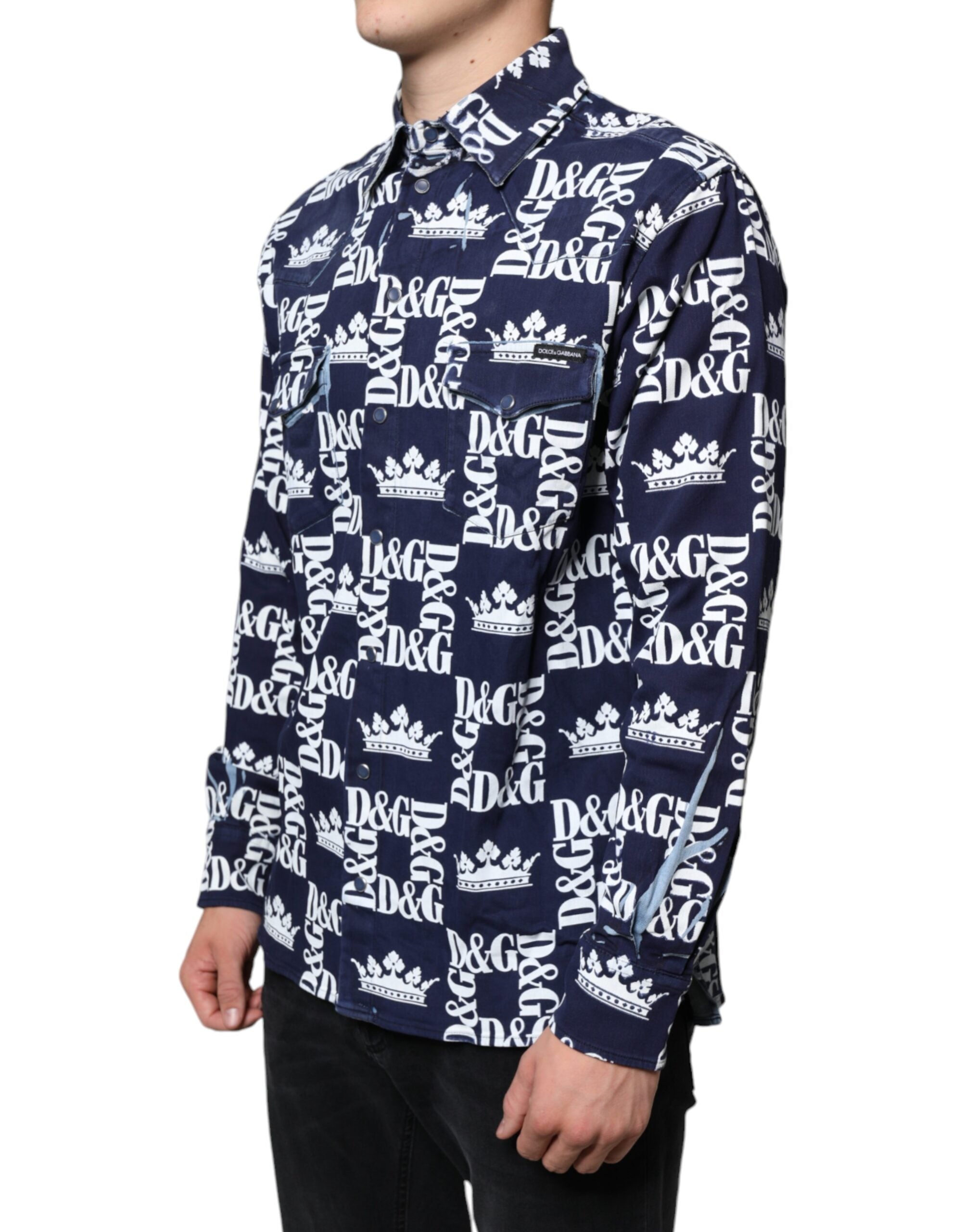 New Dolce & Gabbana Blue Crown Logo Print Slim Fit Cotton Shirt