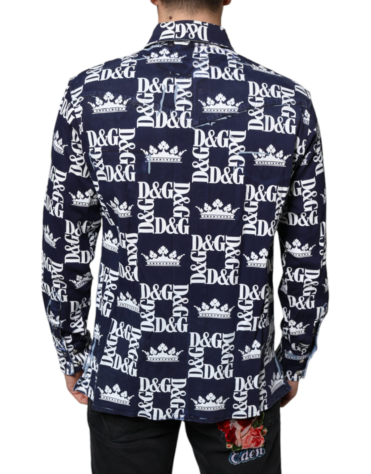 New Dolce & Gabbana Blue Crown Logo Print Slim Fit Cotton Shirt