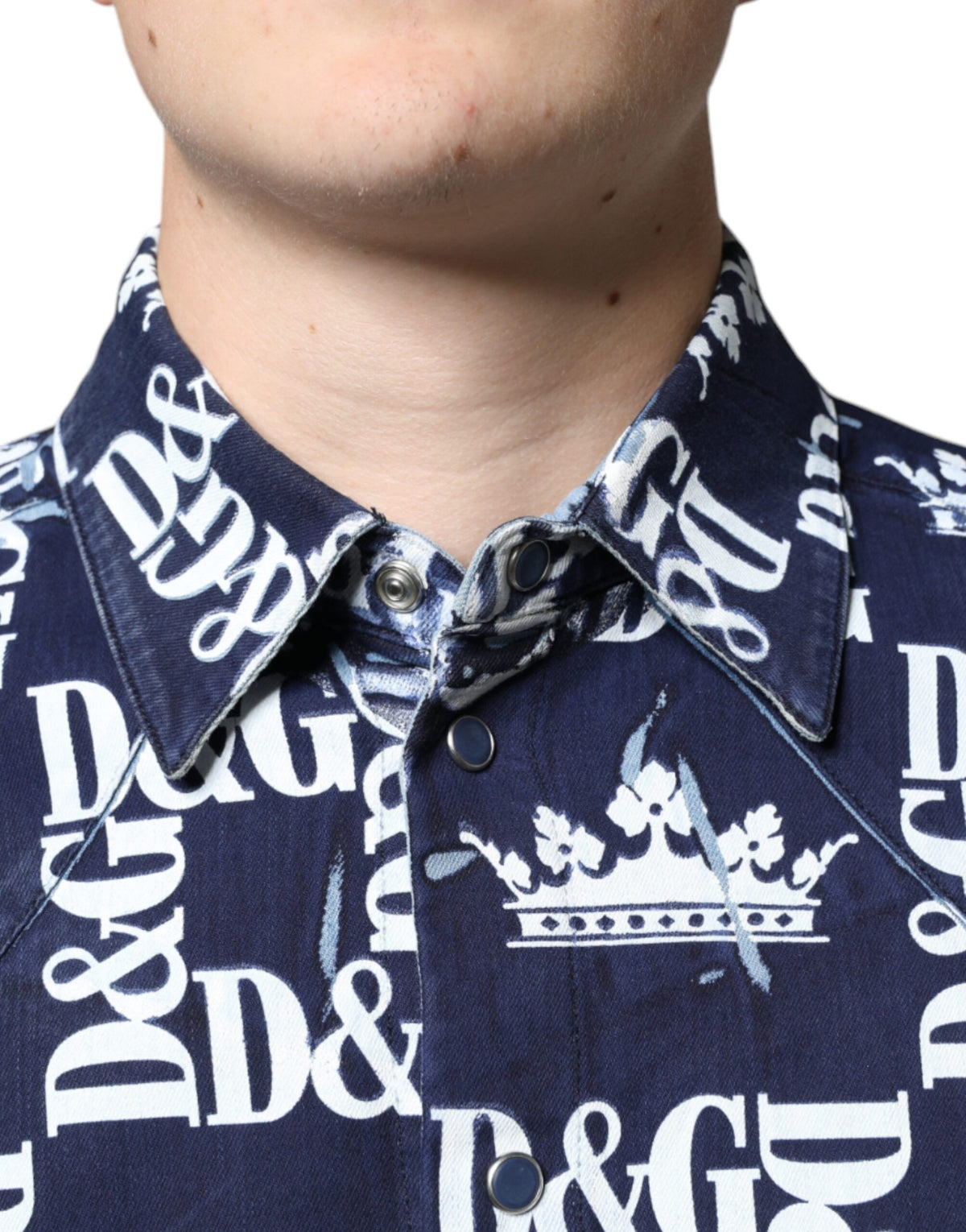 New Dolce & Gabbana Blue Crown Logo Print Slim Fit Cotton Shirt