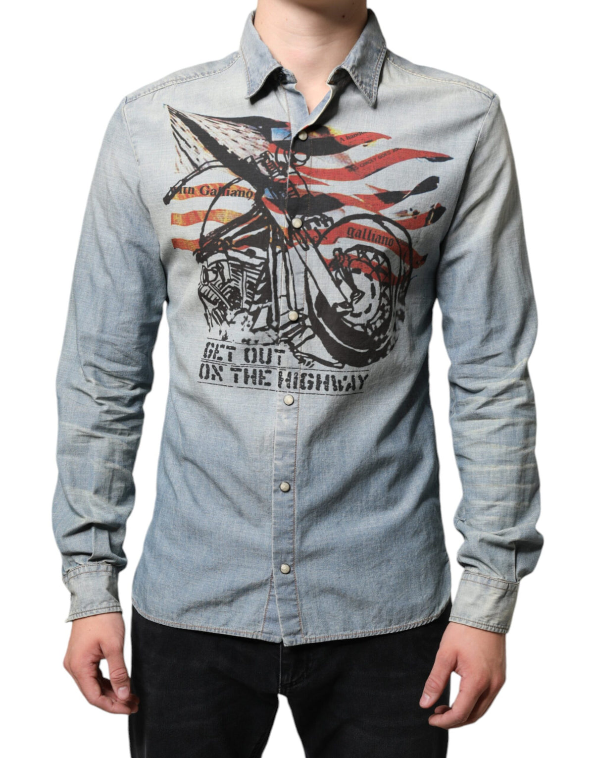 New John Galliano Light Blue Printed Cotton Denim Long Sleeves Shirt