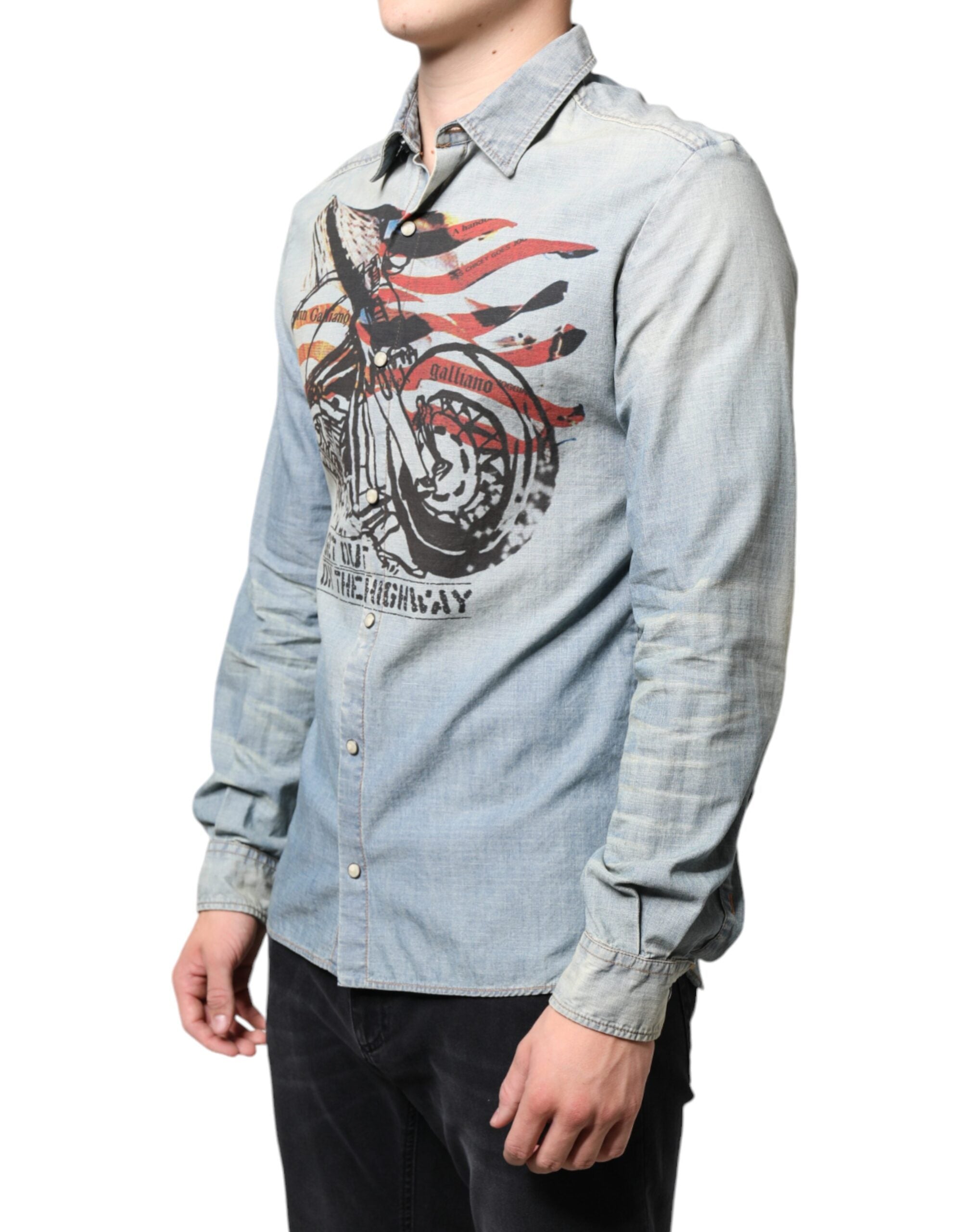 New John Galliano Light Blue Printed Cotton Denim Long Sleeves Shirt