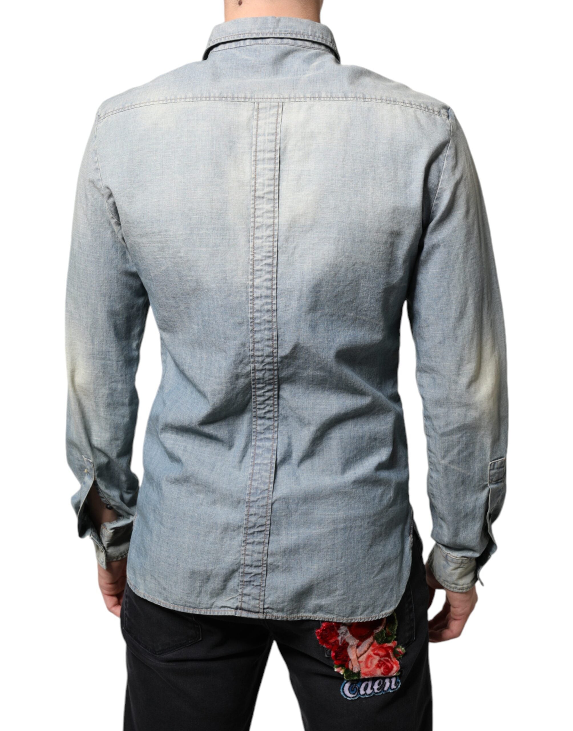 New John Galliano Light Blue Printed Cotton Denim Long Sleeves Shirt