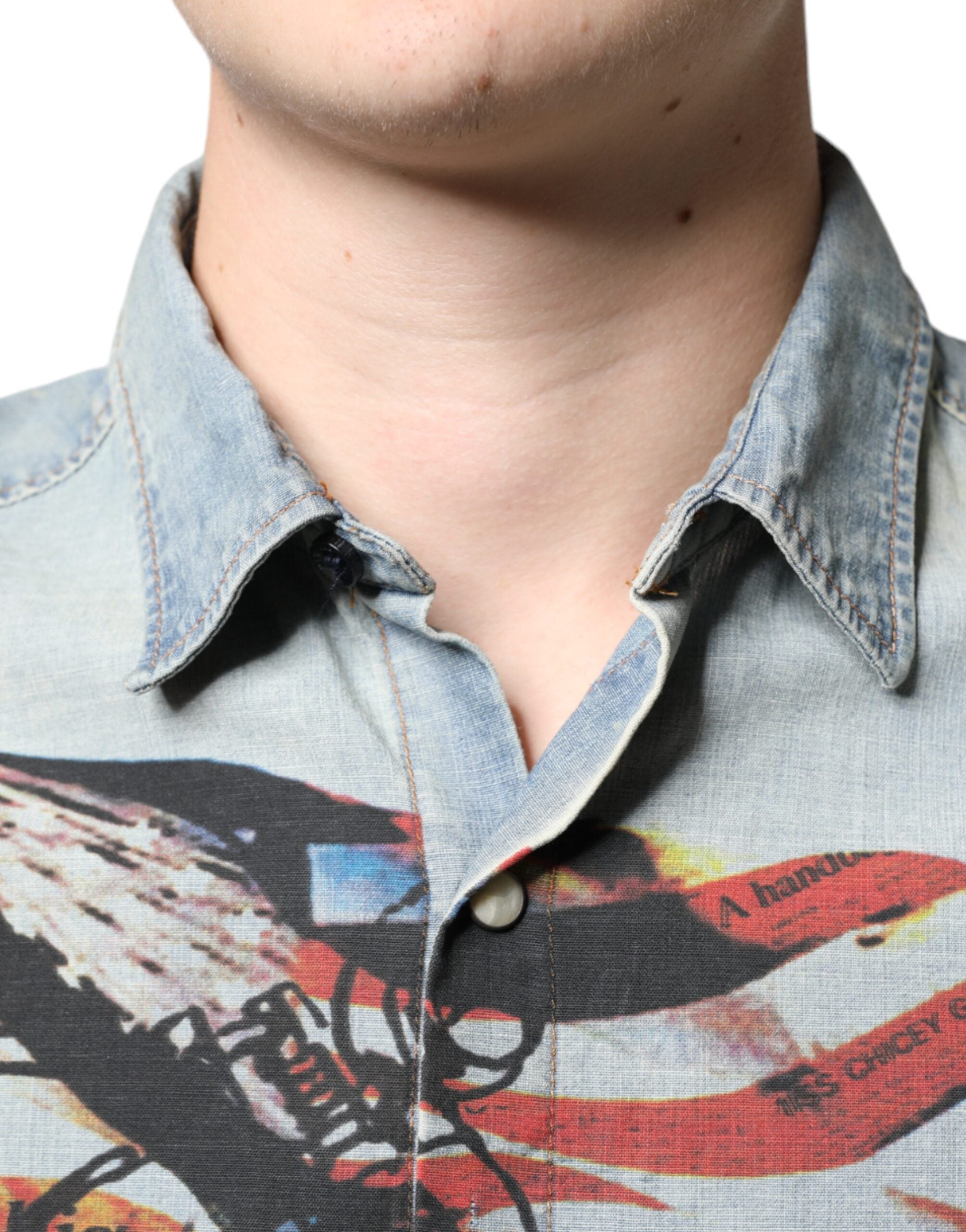 New John Galliano Light Blue Printed Cotton Denim Long Sleeves Shirt