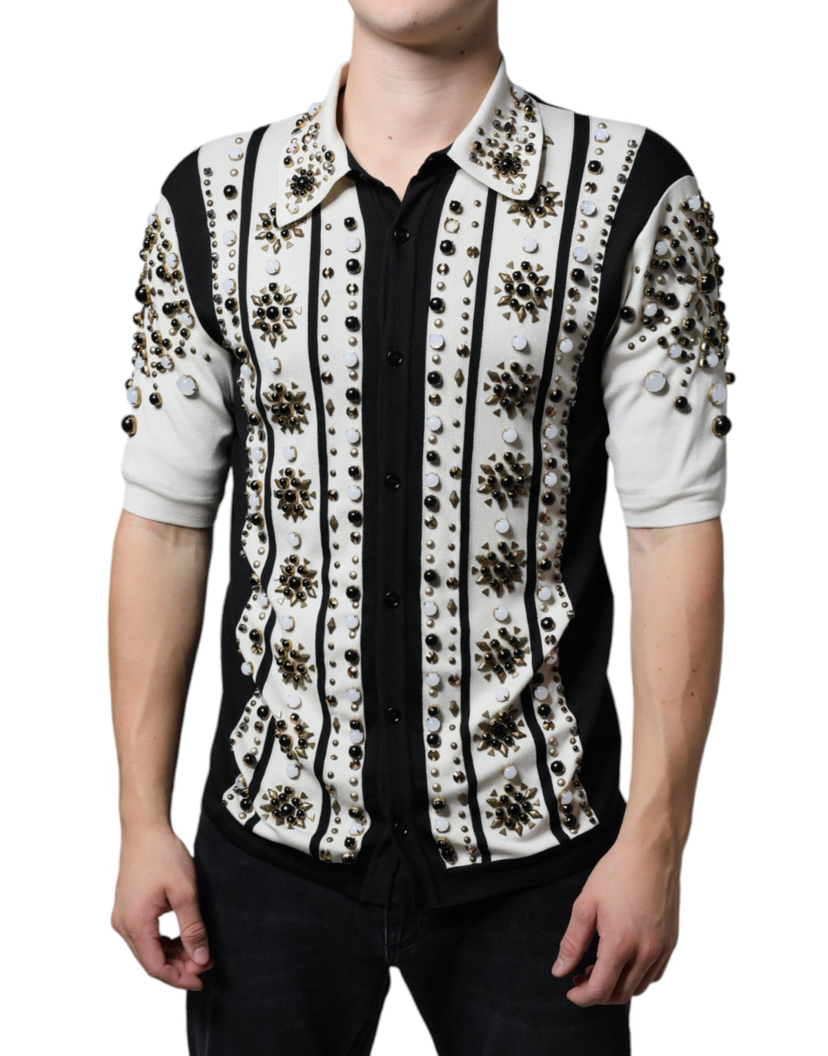 New Dolce & Gabbana White Black Silk Studded Stone Crystal Shirt