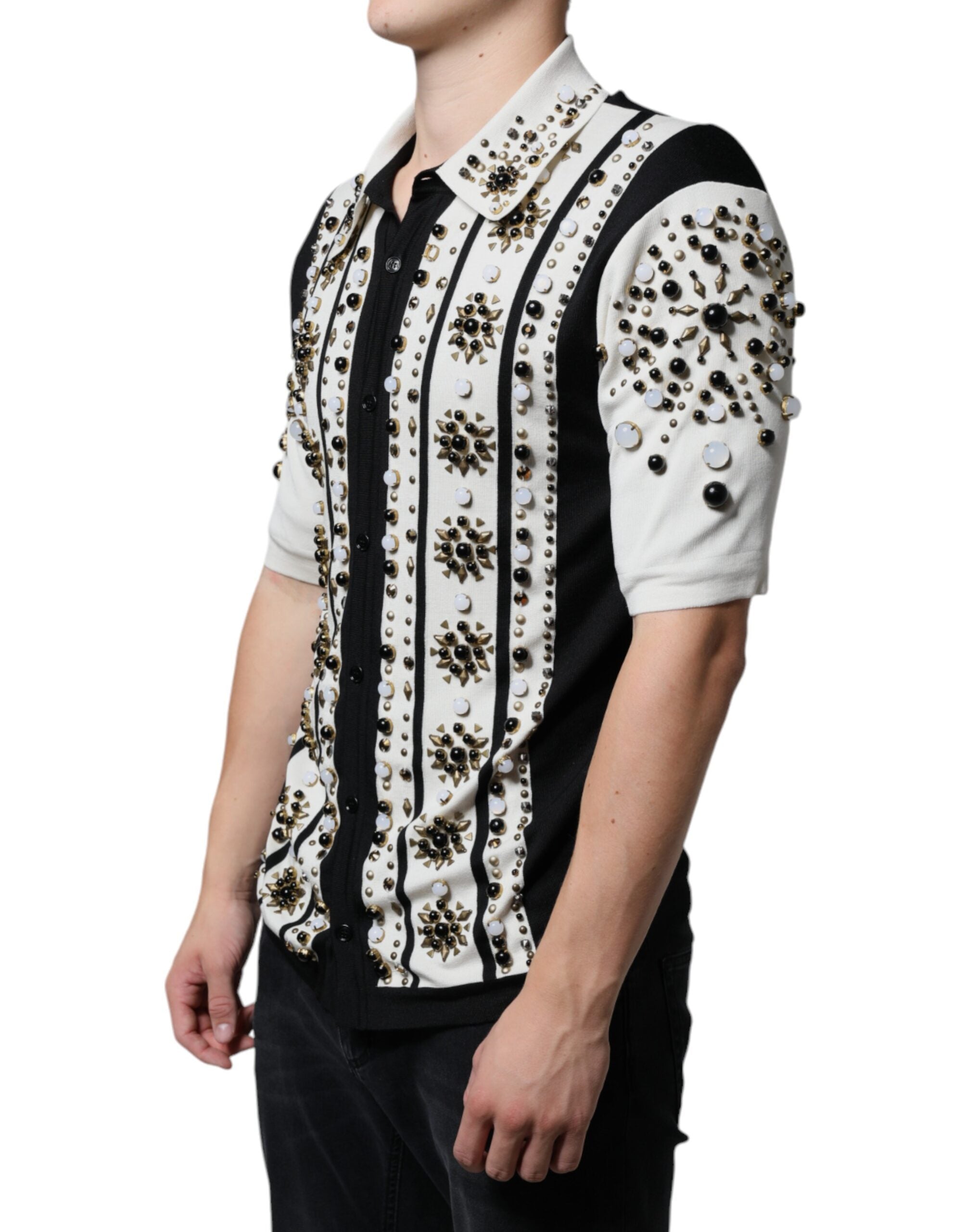 New Dolce & Gabbana White Black Silk Studded Stone Crystal Shirt