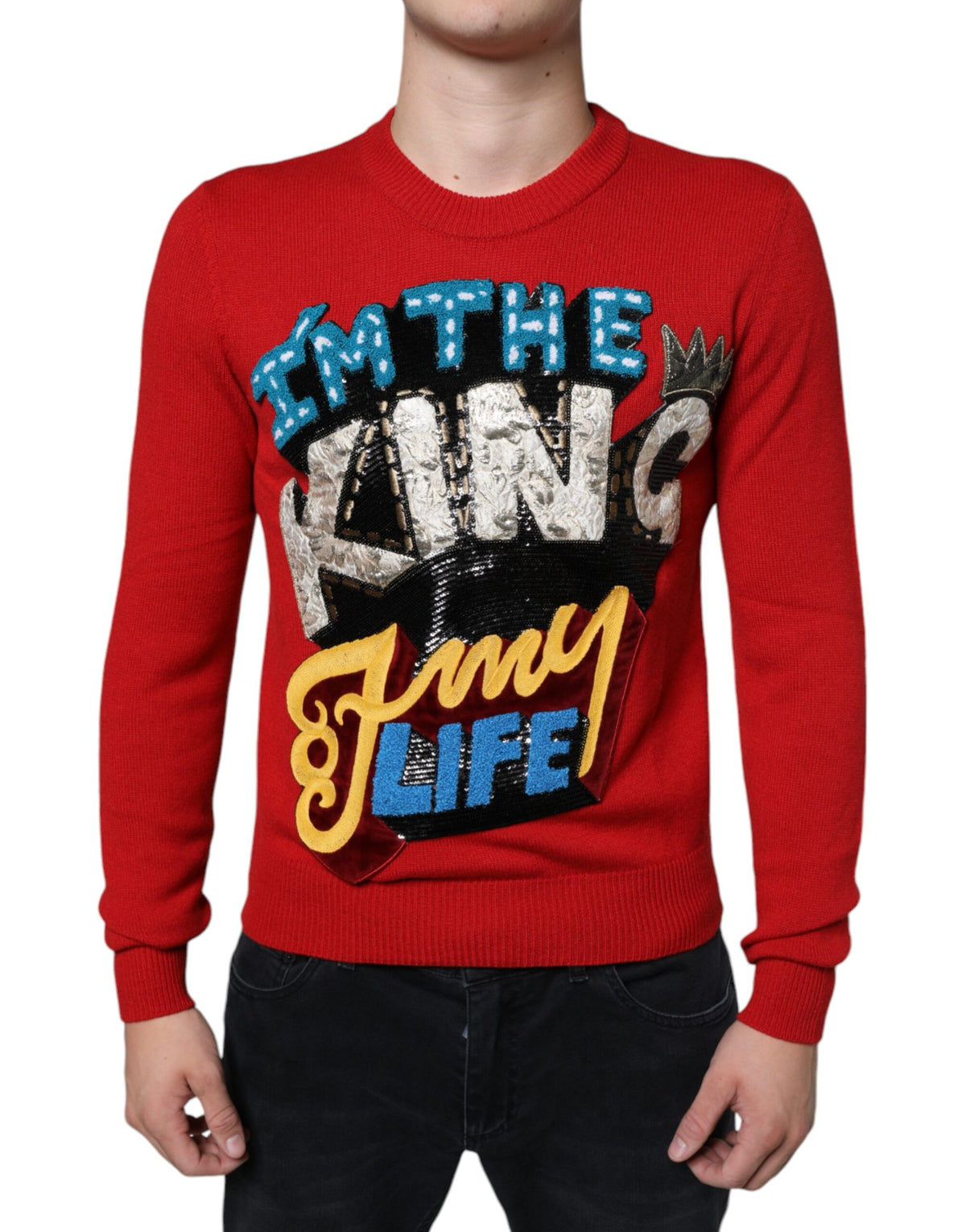 New Dolce & Gabbana Red I'm The King Wool Crew Neck Sweatshirt Sweater
