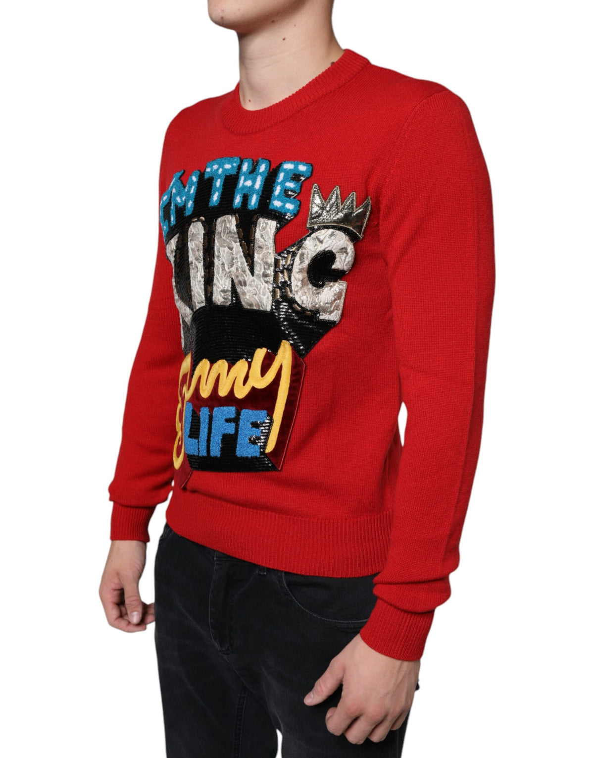 New Dolce & Gabbana Red I'm The King Wool Crew Neck Sweatshirt Sweater