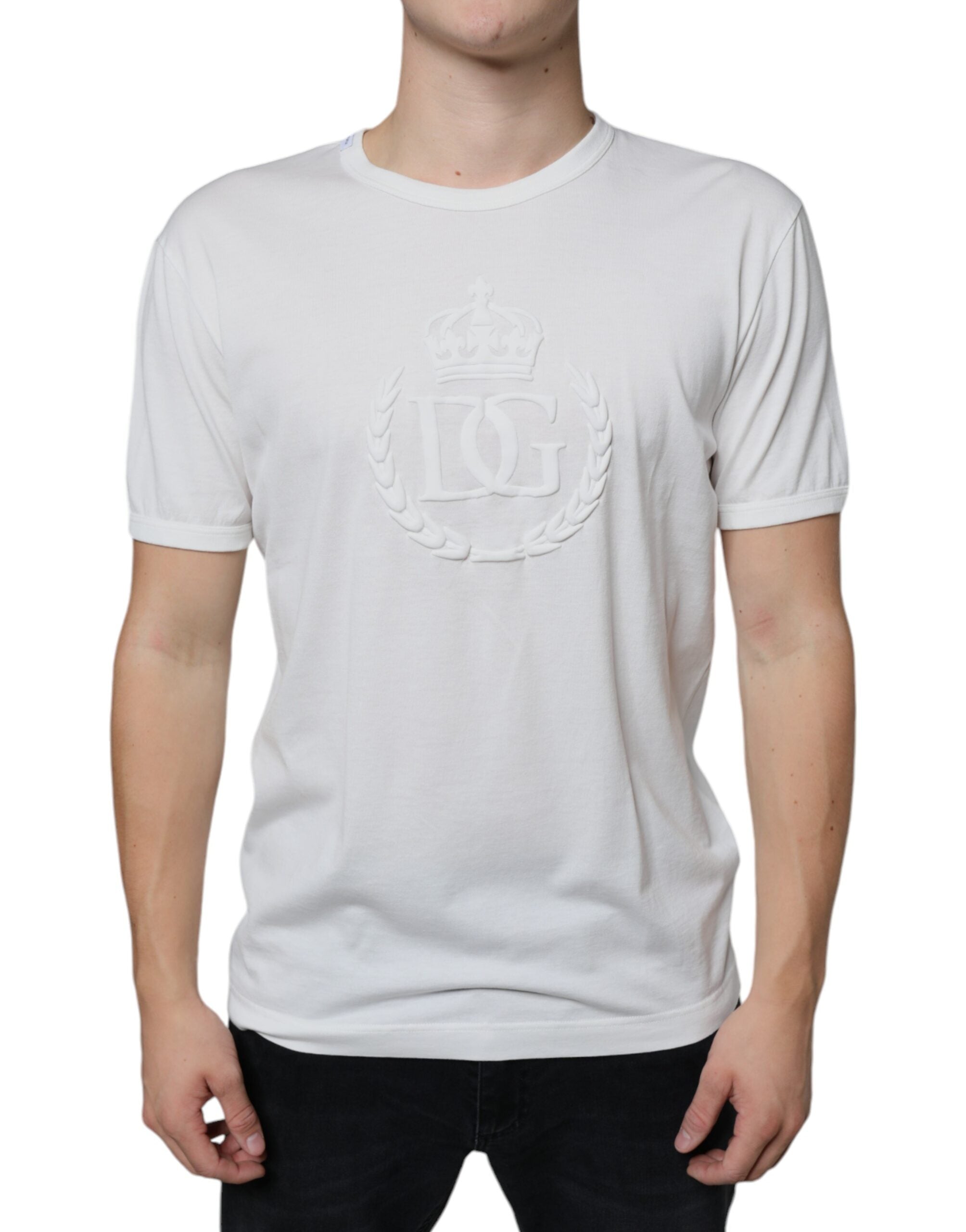 Dolce & Gabbana White Logo Emsed Cotton Crewneck T-shirt