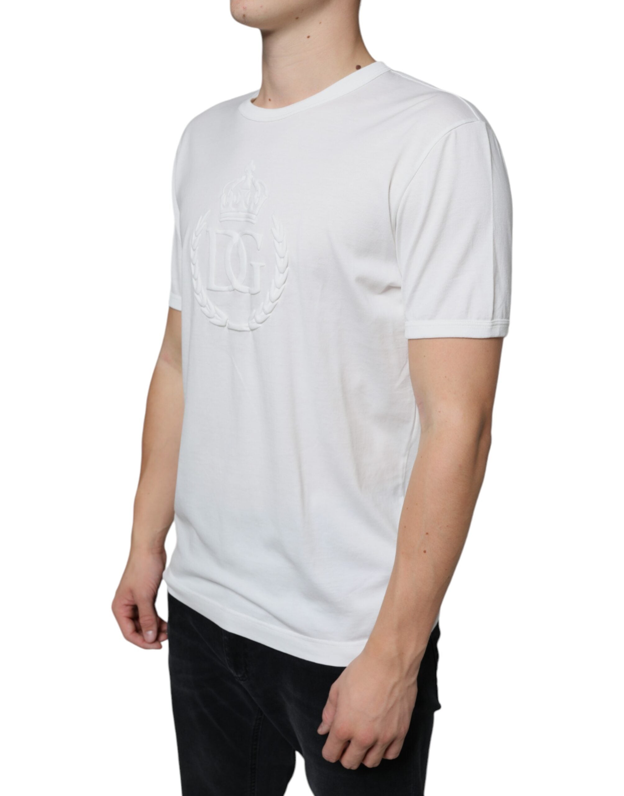 Dolce & Gabbana White Logo Emsed Cotton Crewneck T-shirt