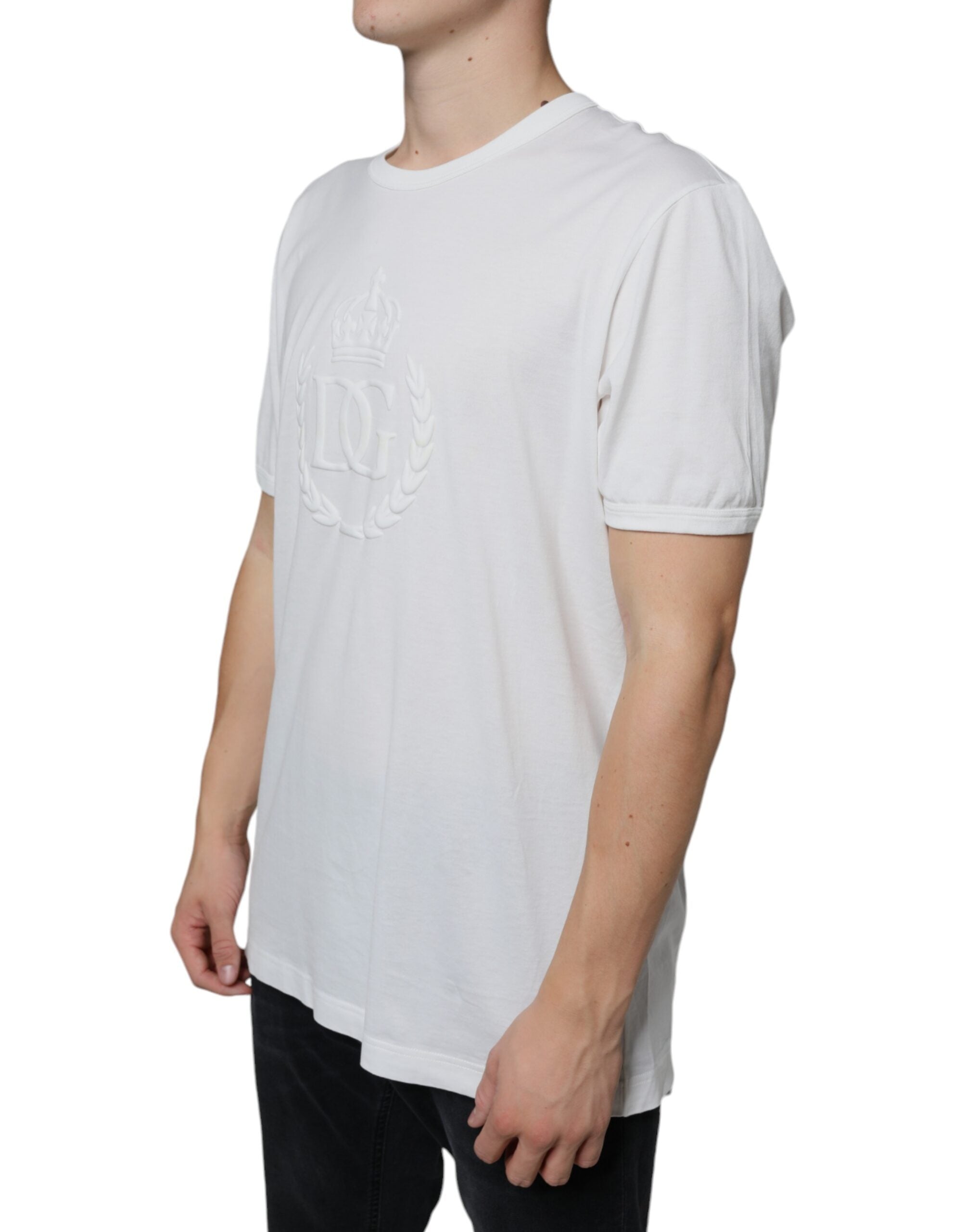 Dolce & Gabbana White Logo Emsed Cotton Crewneck T-shirt