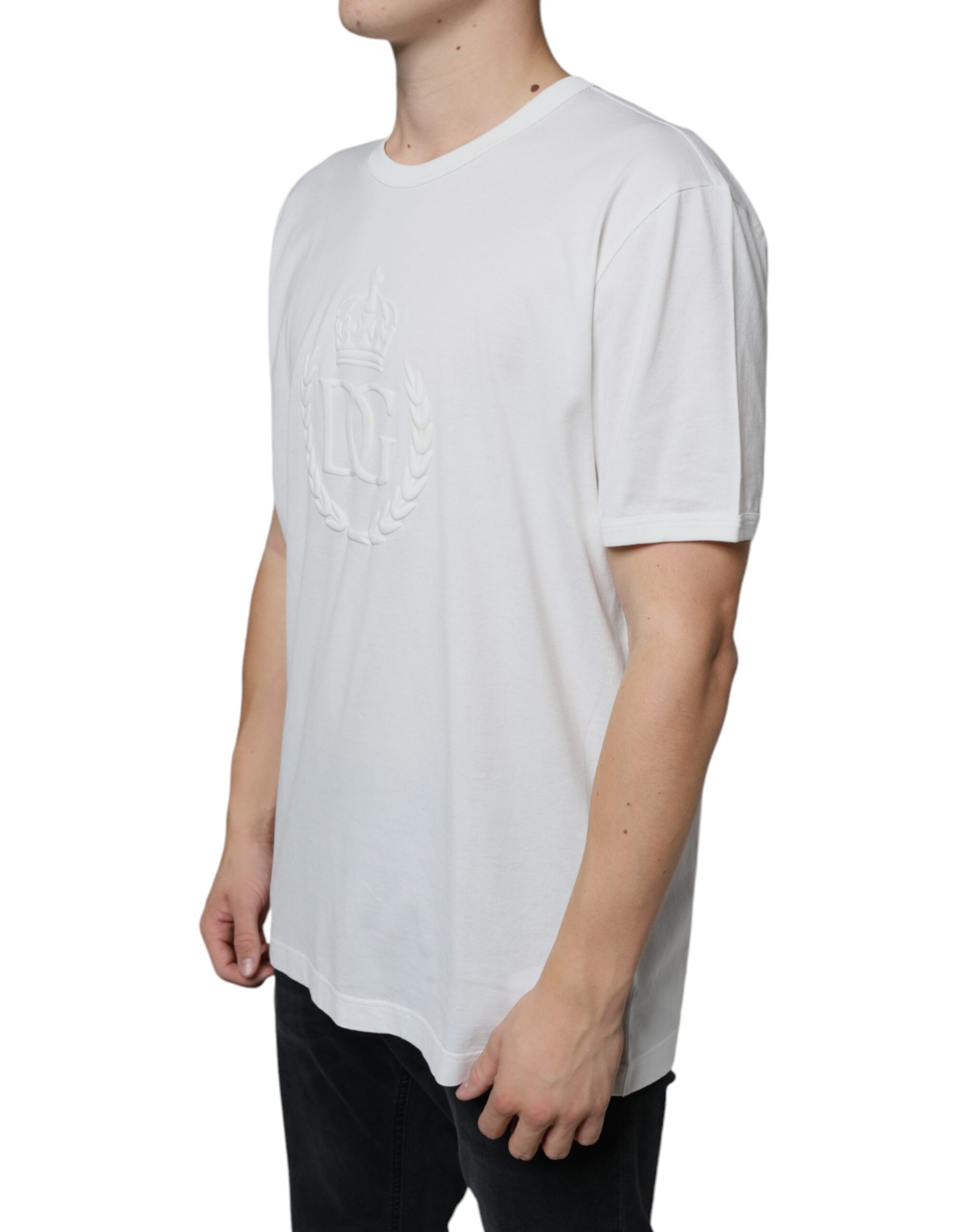 Dolce & Gabbana White Logo Emsed Cotton Crewneck T-shirt