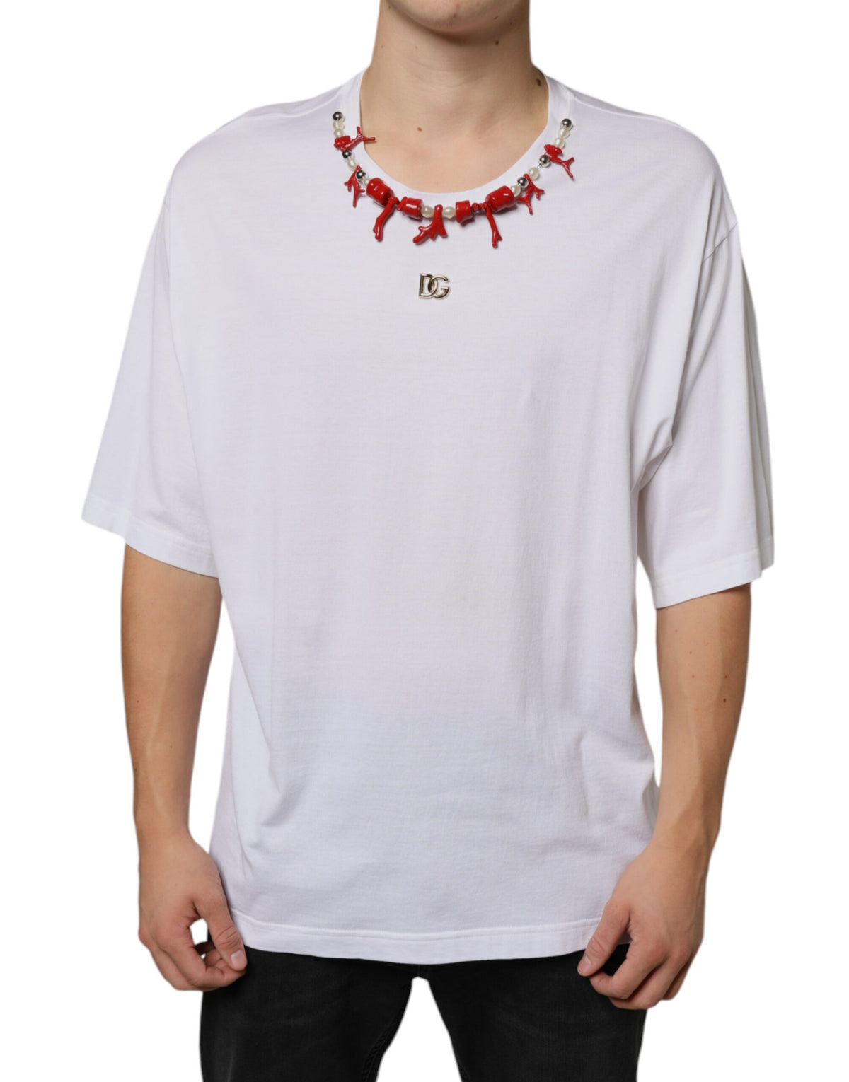 New Dolce & Gabbana White Cotton Necklace Embellished T-shirt