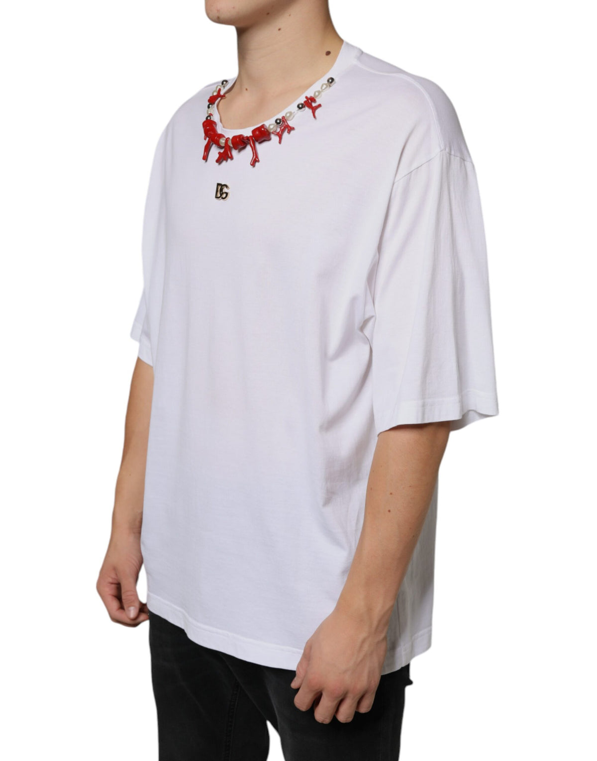 New Dolce & Gabbana White Cotton Necklace Embellished T-shirt