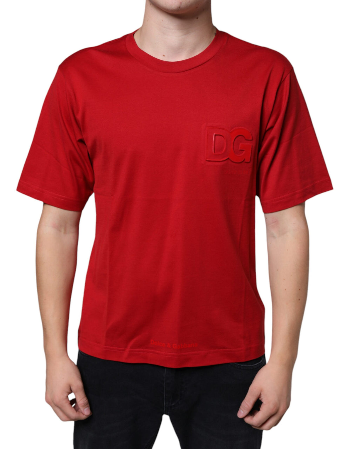 New Dolce & Gabbana Red Cotton DG Logo Print Crew Neck T-shirt