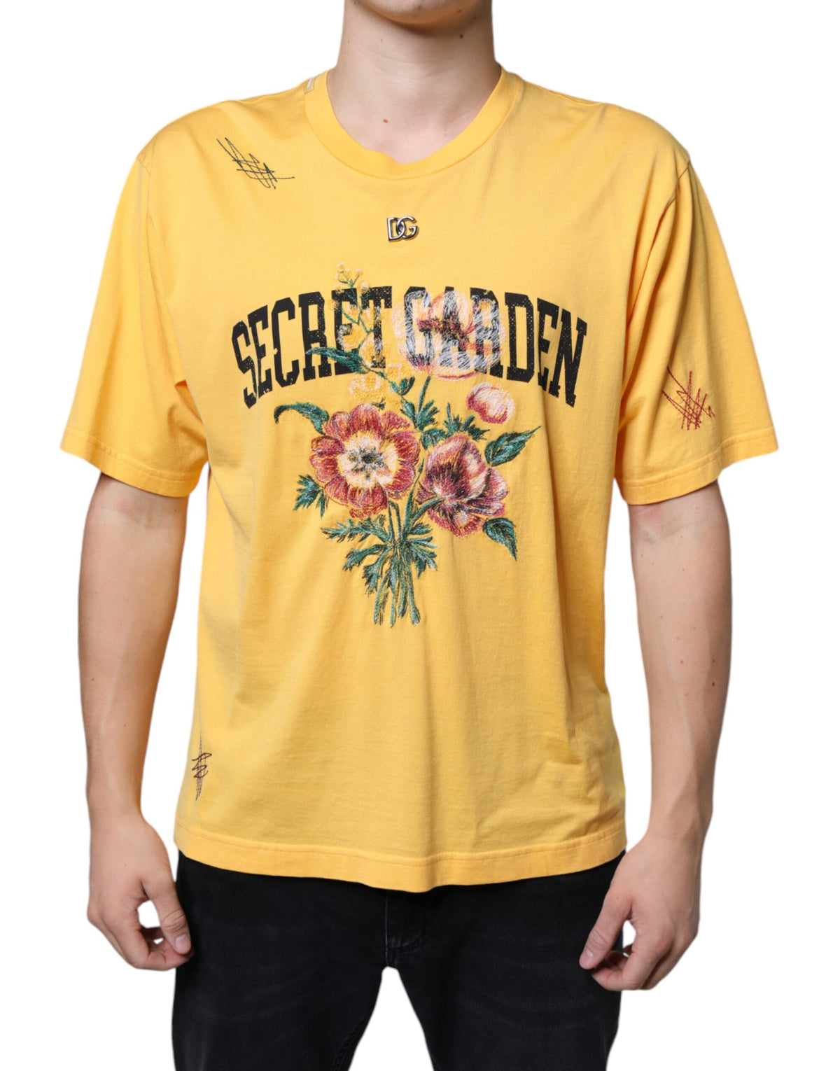 New Dolce & Gabbana Yellow Secret Graden Floral Cotton Crew Neck T-shirt