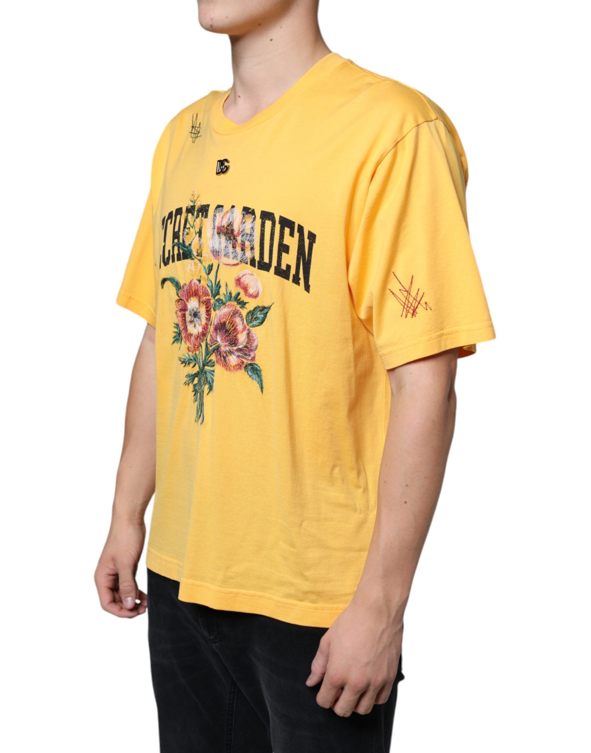 New Dolce & Gabbana Yellow Secret Graden Floral Cotton Crew Neck T-shirt
