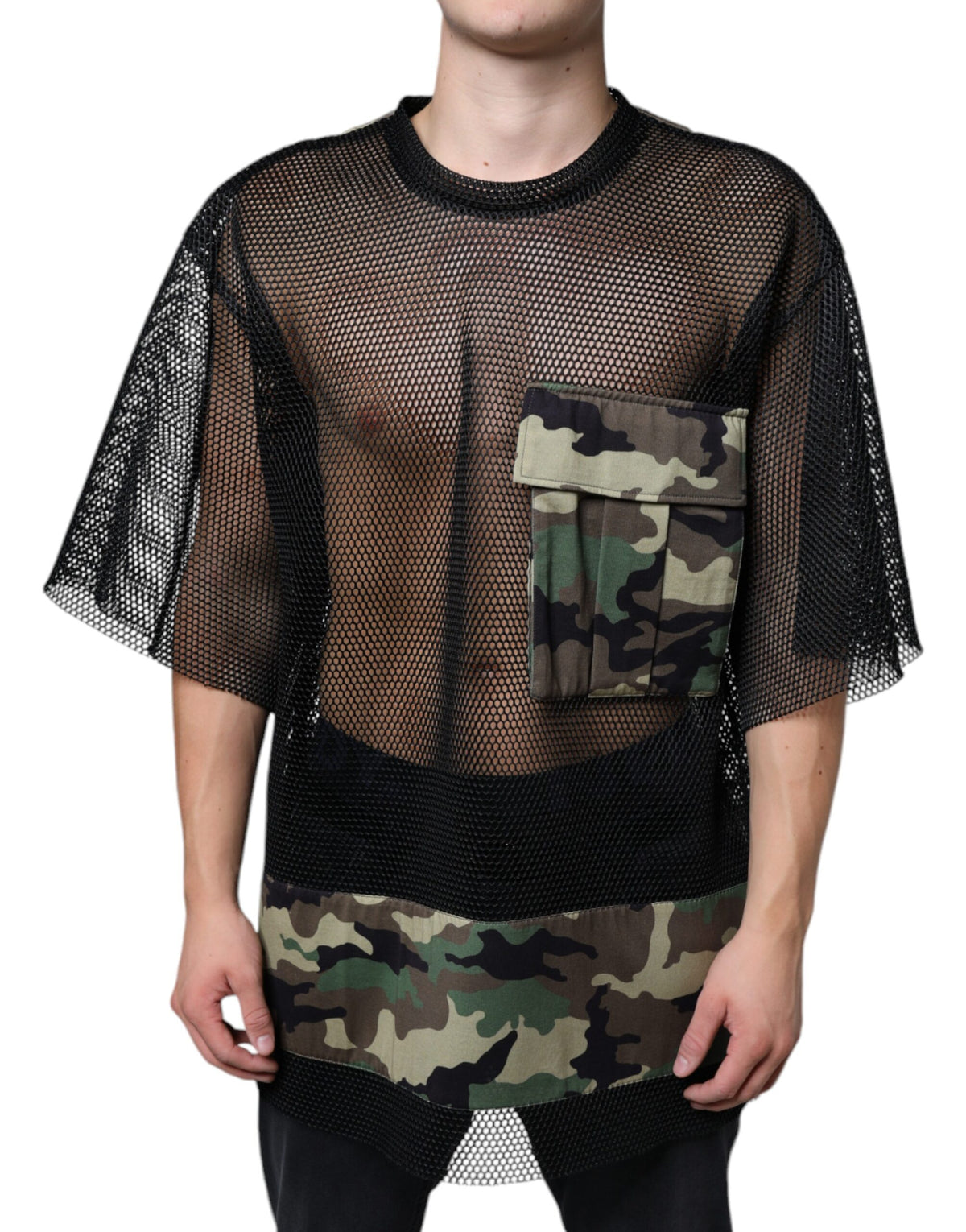 New Dolce & Gabbana Black Mesh Camouflage Short Sleeves T-shirt