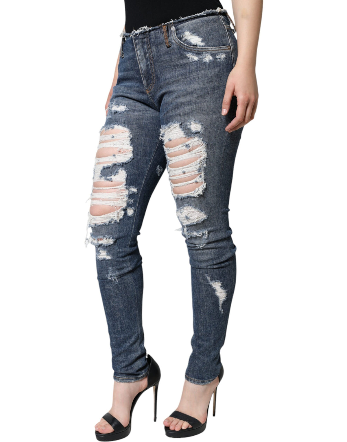 New Dolce & Gabbana Blue Cotton Stretch Tattered Skinny Jeans