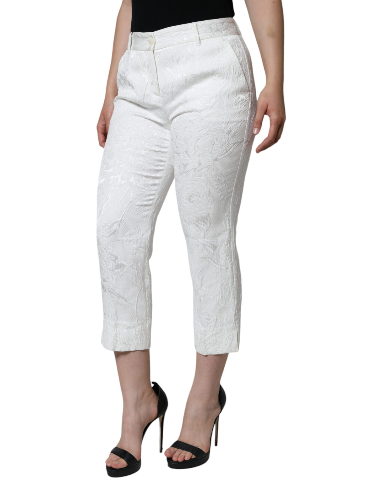 New Dolce & Gabbana White Floral Brocade Cotton Cropped Pants