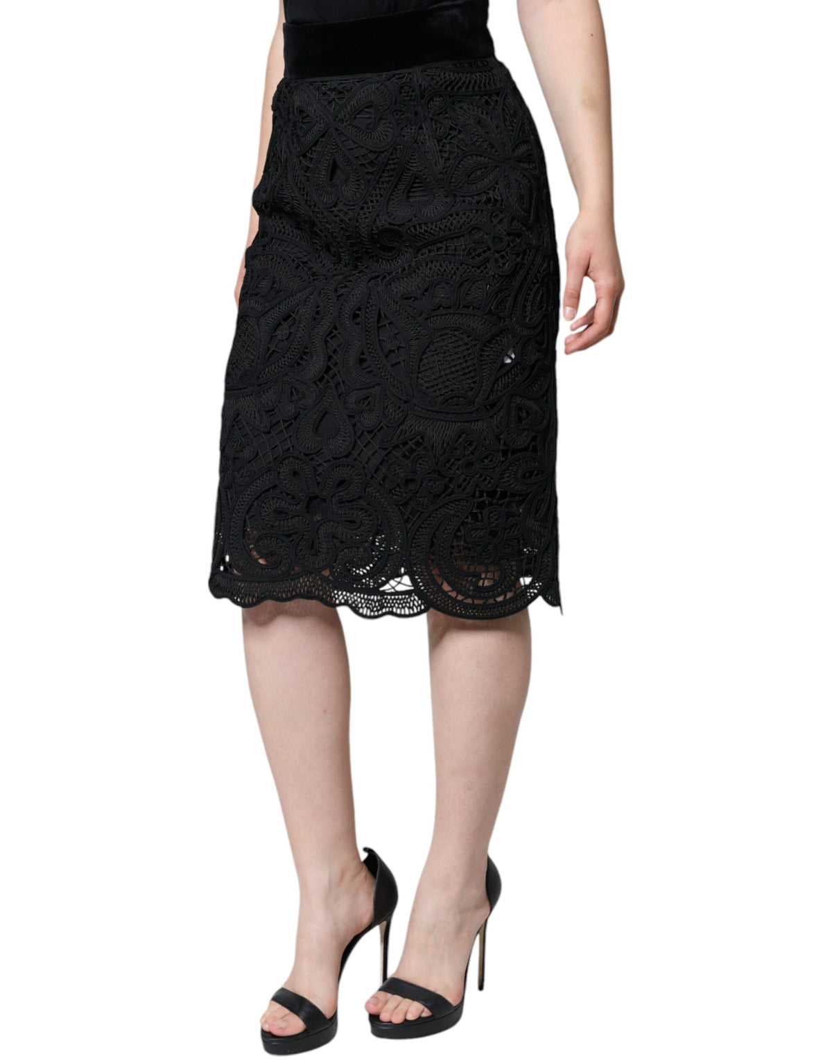 New Dolce & Gabbana Black Floral Lace High Waist Pencil Cut Skirt