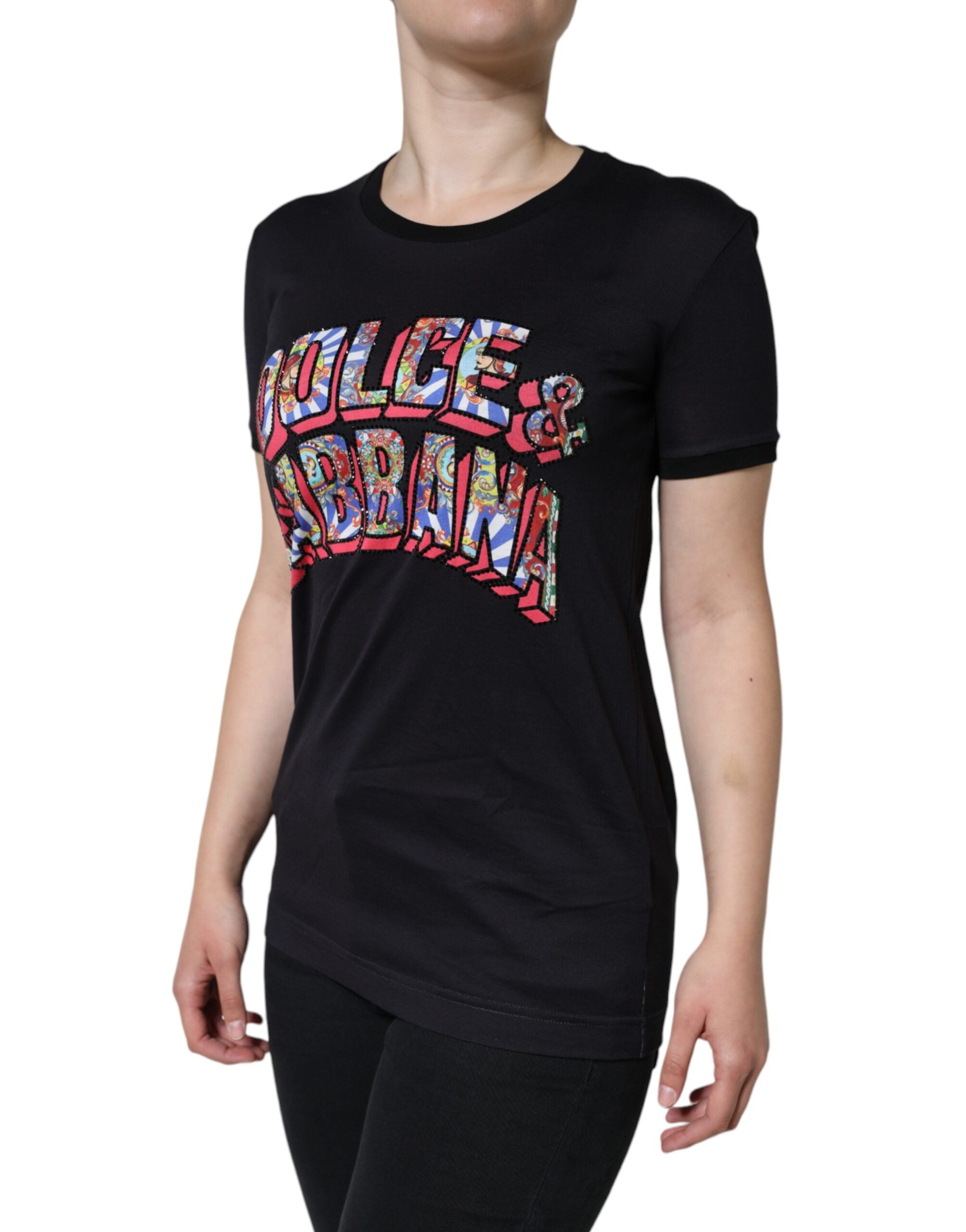 New Dolce & Gabbana Black Cotton Logo Print Round Neck T-shirt