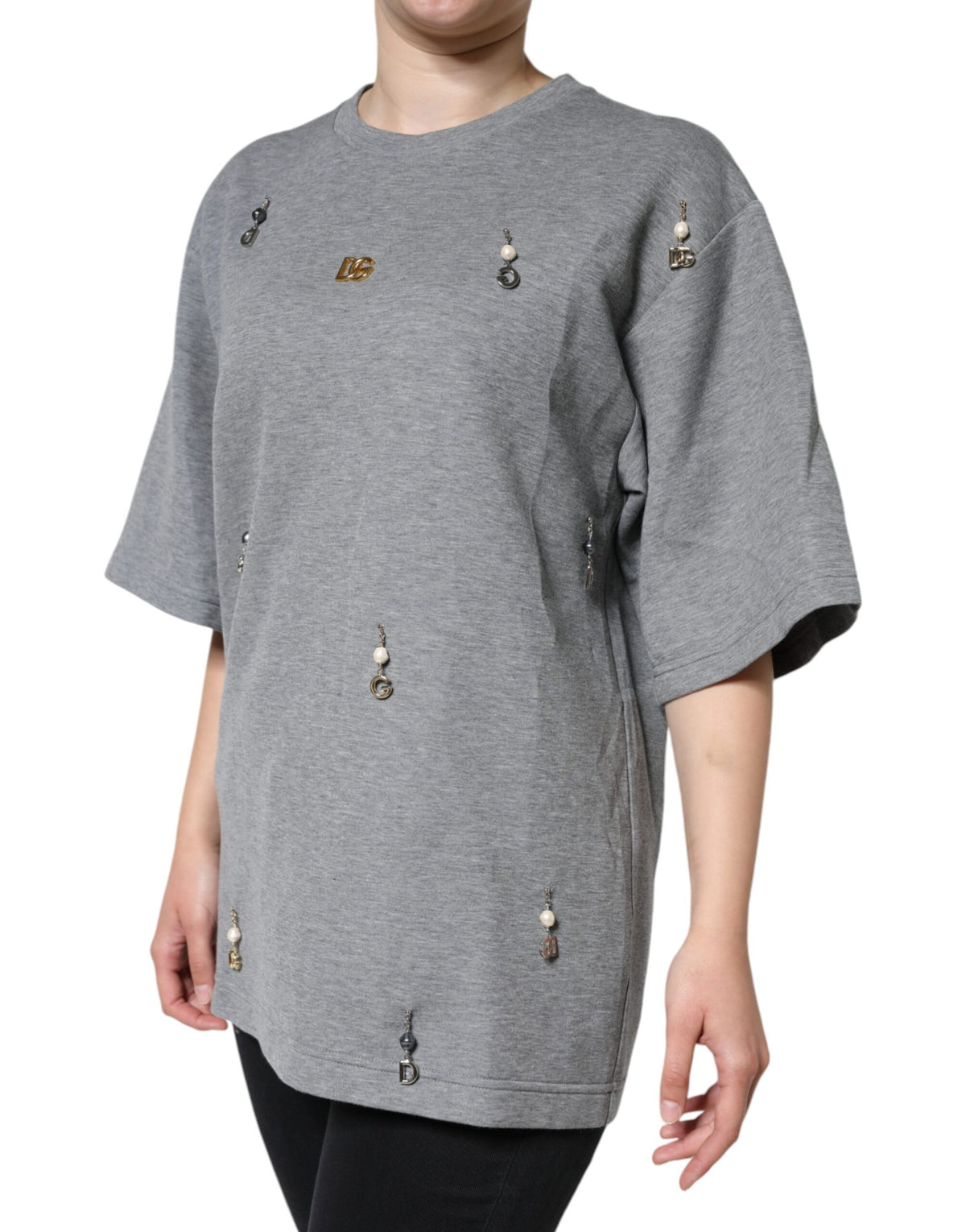 New Dolce & Gabbana Gray Cotton Blend Embellished Tee T-shirt