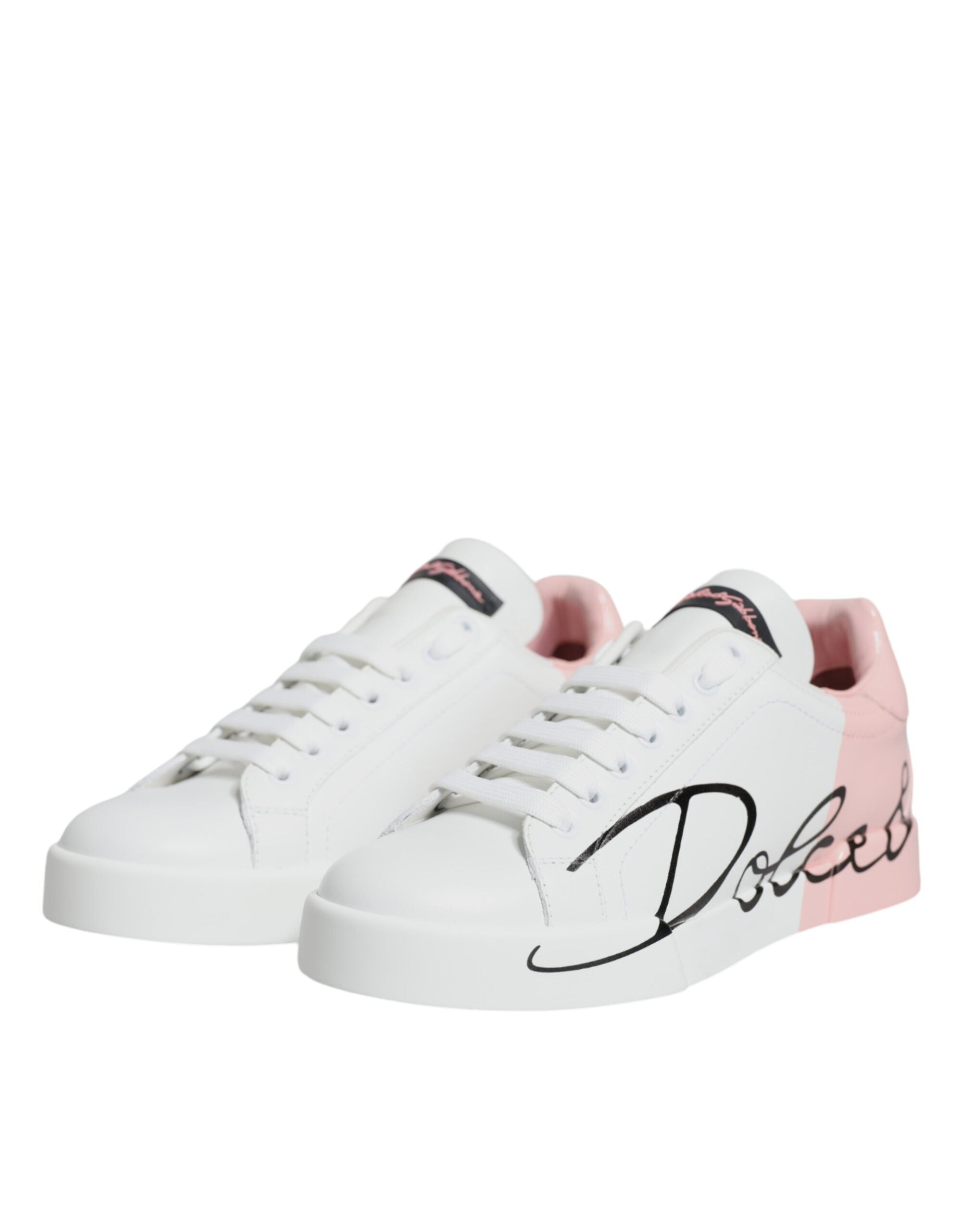 New Dolce & Gabbana White Pink Portofino Low Top Sneakers Shoes
